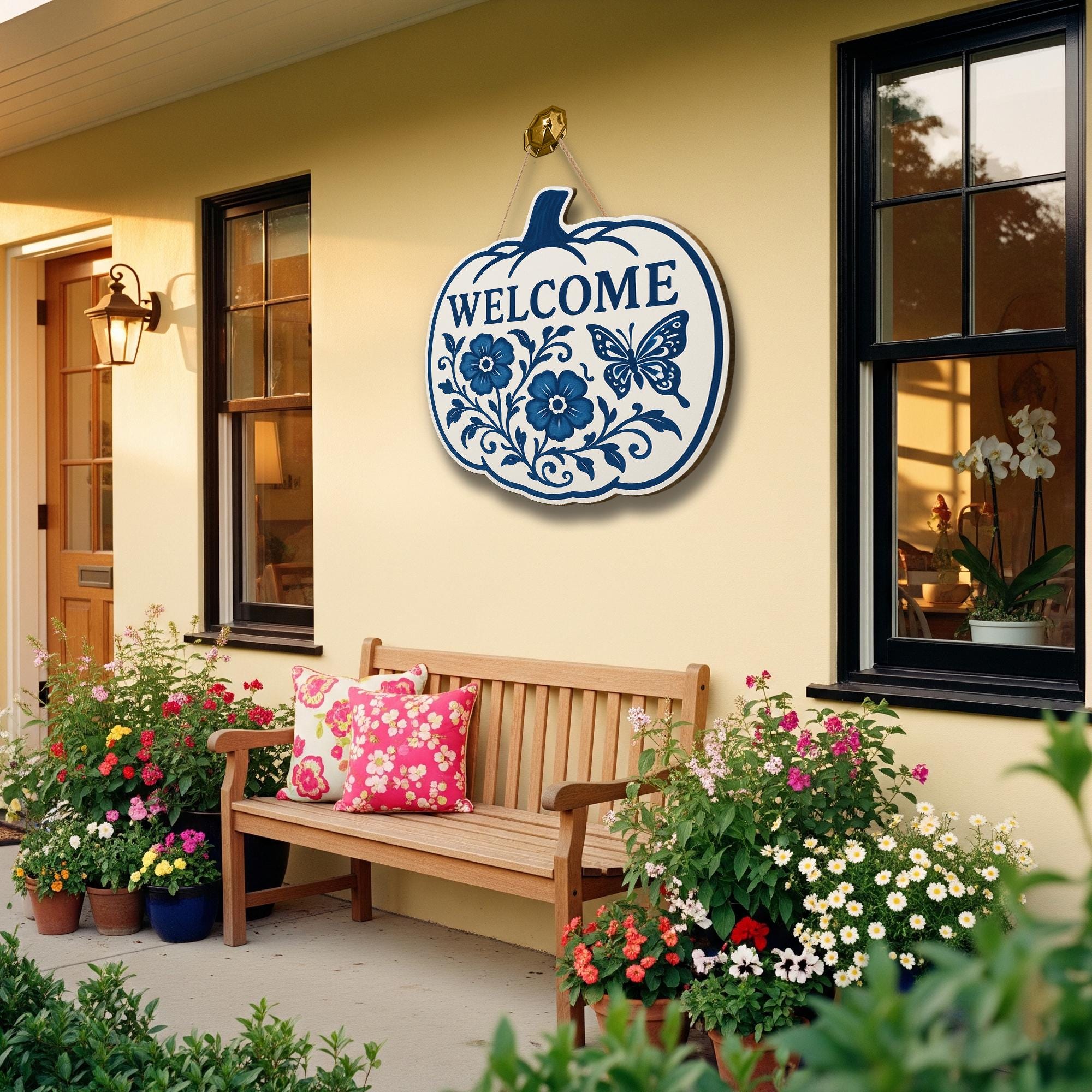 Welcome Fall Sign, Chinoiserie Pumpkin Door Decor, Blue and White Wood Sign, Floral Autumn Wall Art, Cottagecore Front Porch Hanger