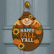 Happy Fall Y’all Door Sign, 3D Wood Scarecrow Decor, Rustic Autumn Porch Sign, Pumpkin Sunflower Fall Wall Art, Farmhouse Welcome Sign