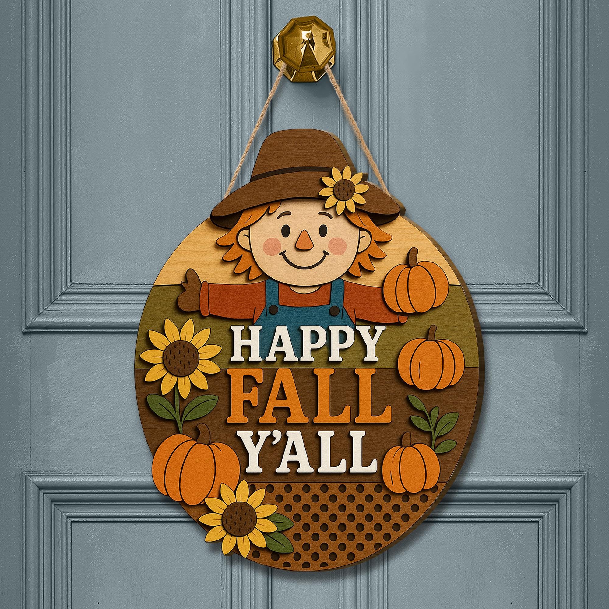 Happy Fall Y’all Door Sign, 3D Wood Scarecrow Decor, Rustic Autumn Porch Sign, Pumpkin Sunflower Fall Wall Art, Farmhouse Welcome Sign