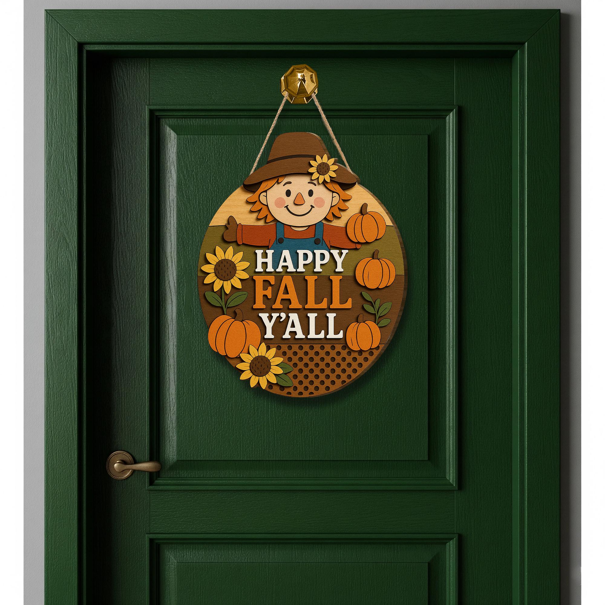 Happy Fall Y’all Door Sign, 3D Wood Scarecrow Decor, Rustic Autumn Porch Sign, Pumpkin Sunflower Fall Wall Art, Farmhouse Welcome Sign