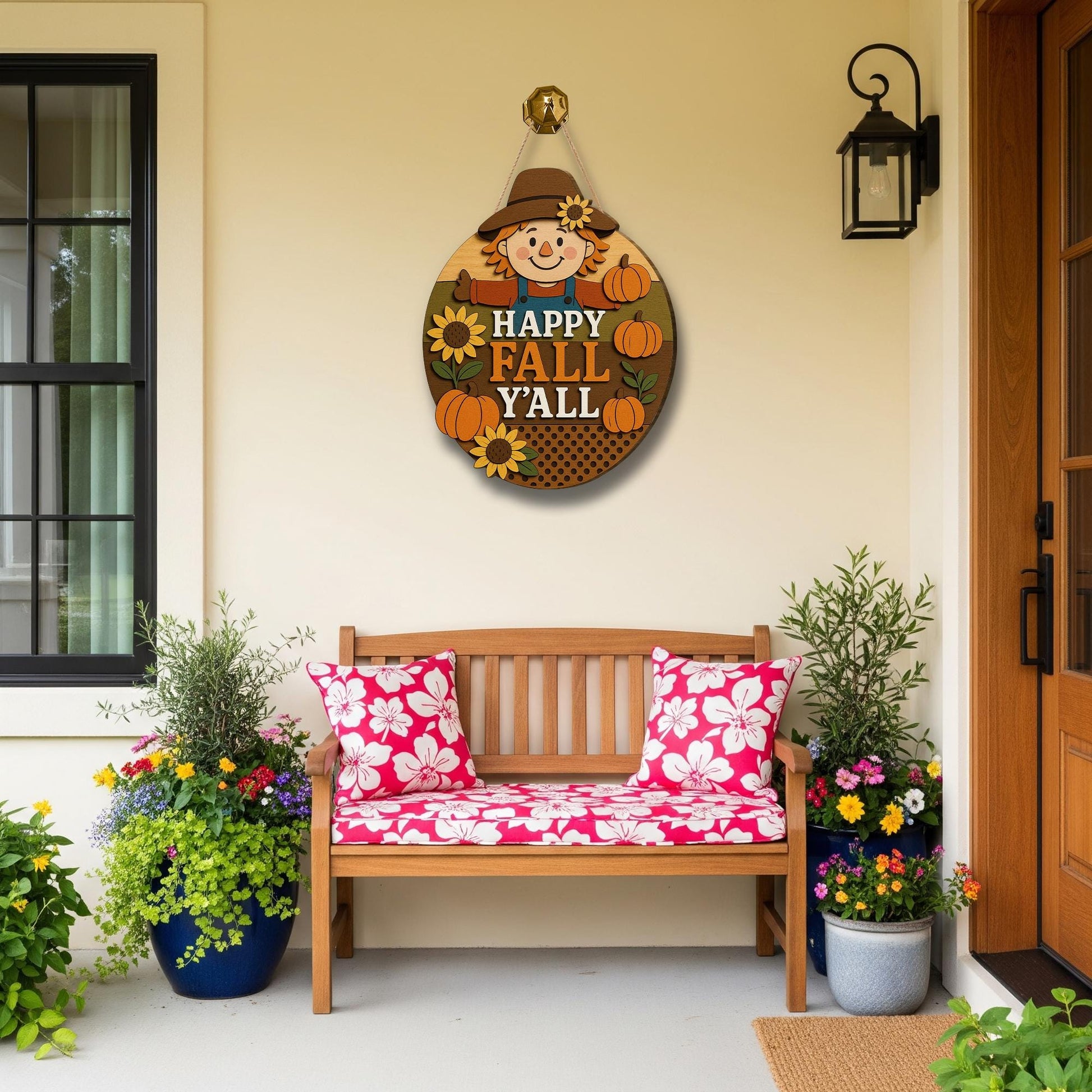 Happy Fall Y’all Door Sign, 3D Wood Scarecrow Decor, Rustic Autumn Porch Sign, Pumpkin Sunflower Fall Wall Art, Farmhouse Welcome Sign
