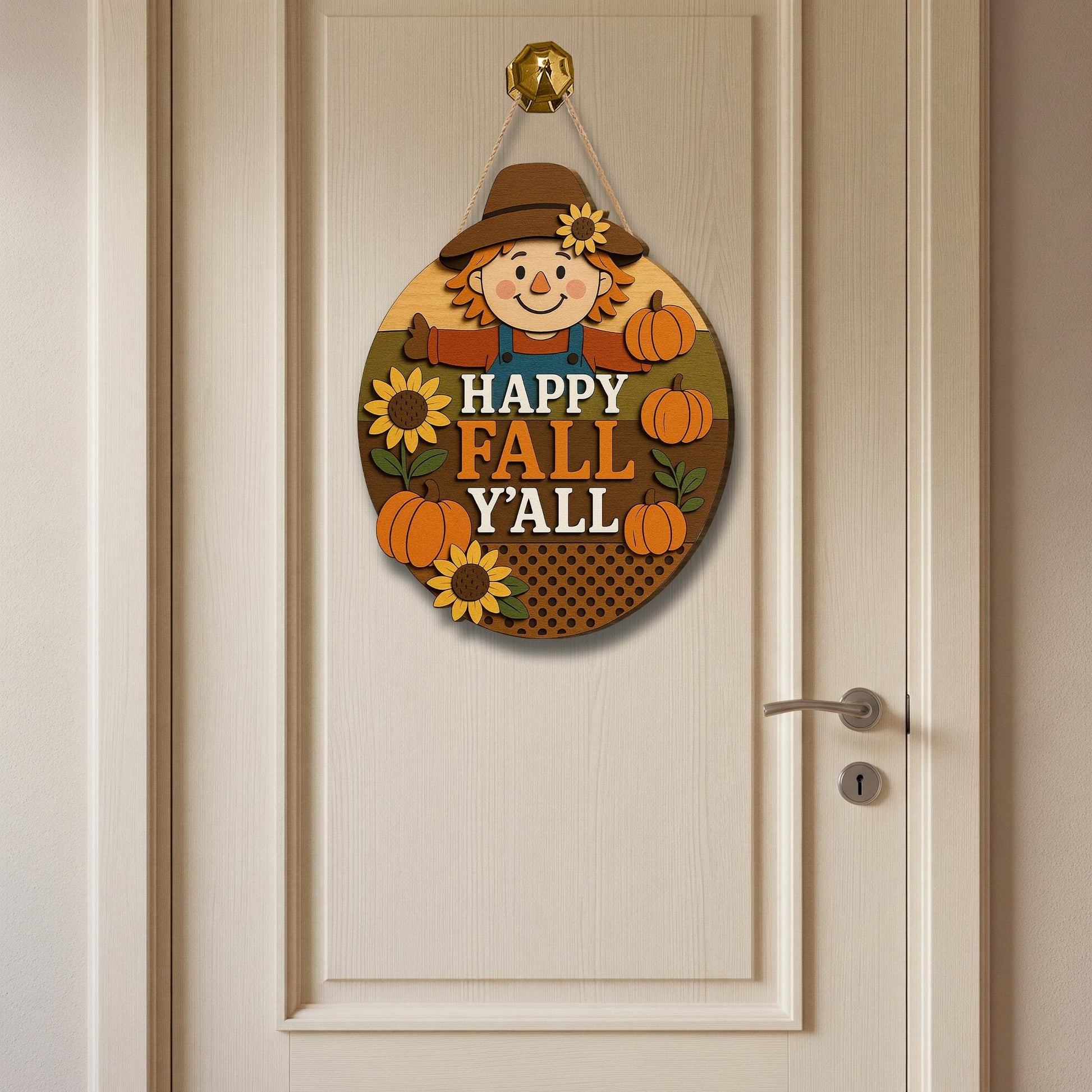 Happy Fall Y’all Door Sign, 3D Wood Scarecrow Decor, Rustic Autumn Porch Sign, Pumpkin Sunflower Fall Wall Art, Farmhouse Welcome Sign