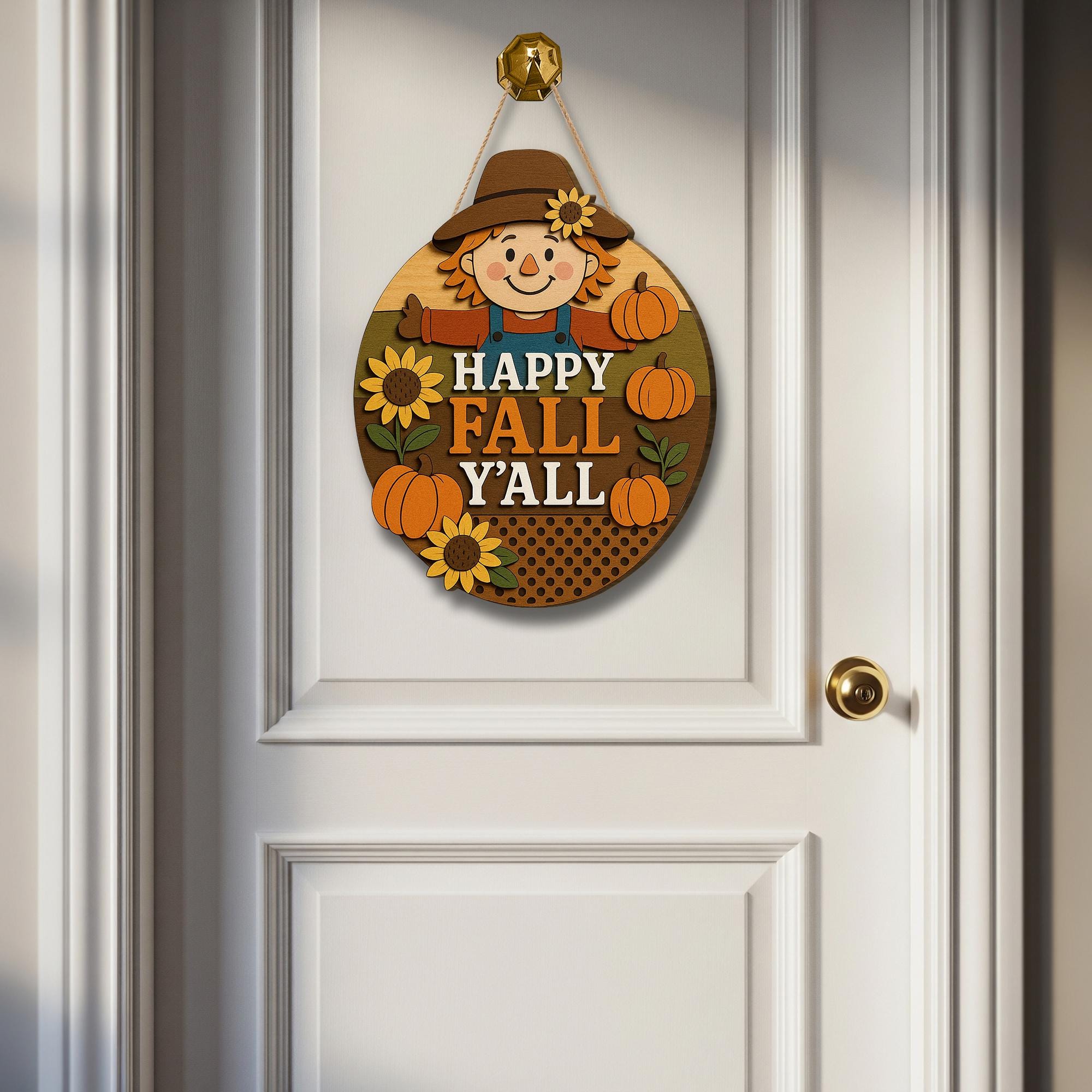 Happy Fall Y’all Door Sign, 3D Wood Scarecrow Decor, Rustic Autumn Porch Sign, Pumpkin Sunflower Fall Wall Art, Farmhouse Welcome Sign