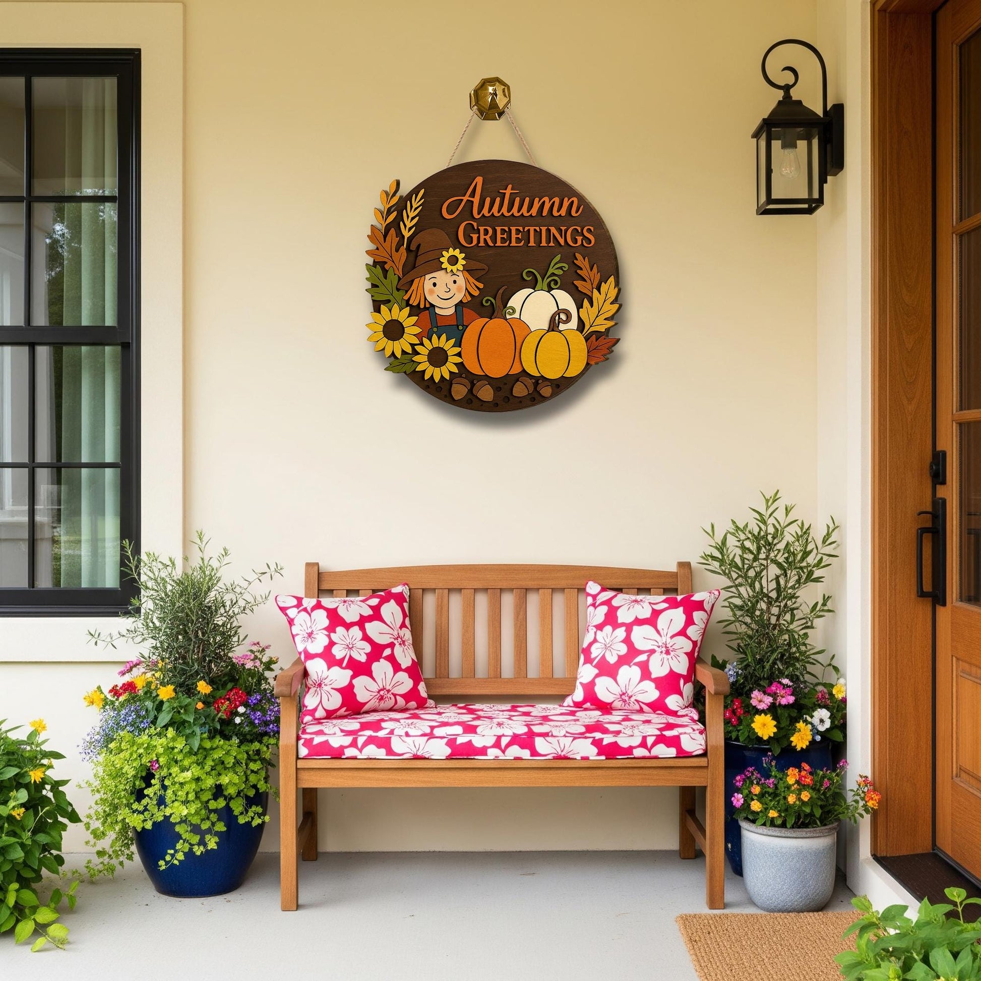 Autumn Greetings Sign, 3D Wood Fall Door Decor, Scarecrow Pumpkin Wall Art, Rustic Farmhouse Porch Sign, Thanksgiving Welcome Sign