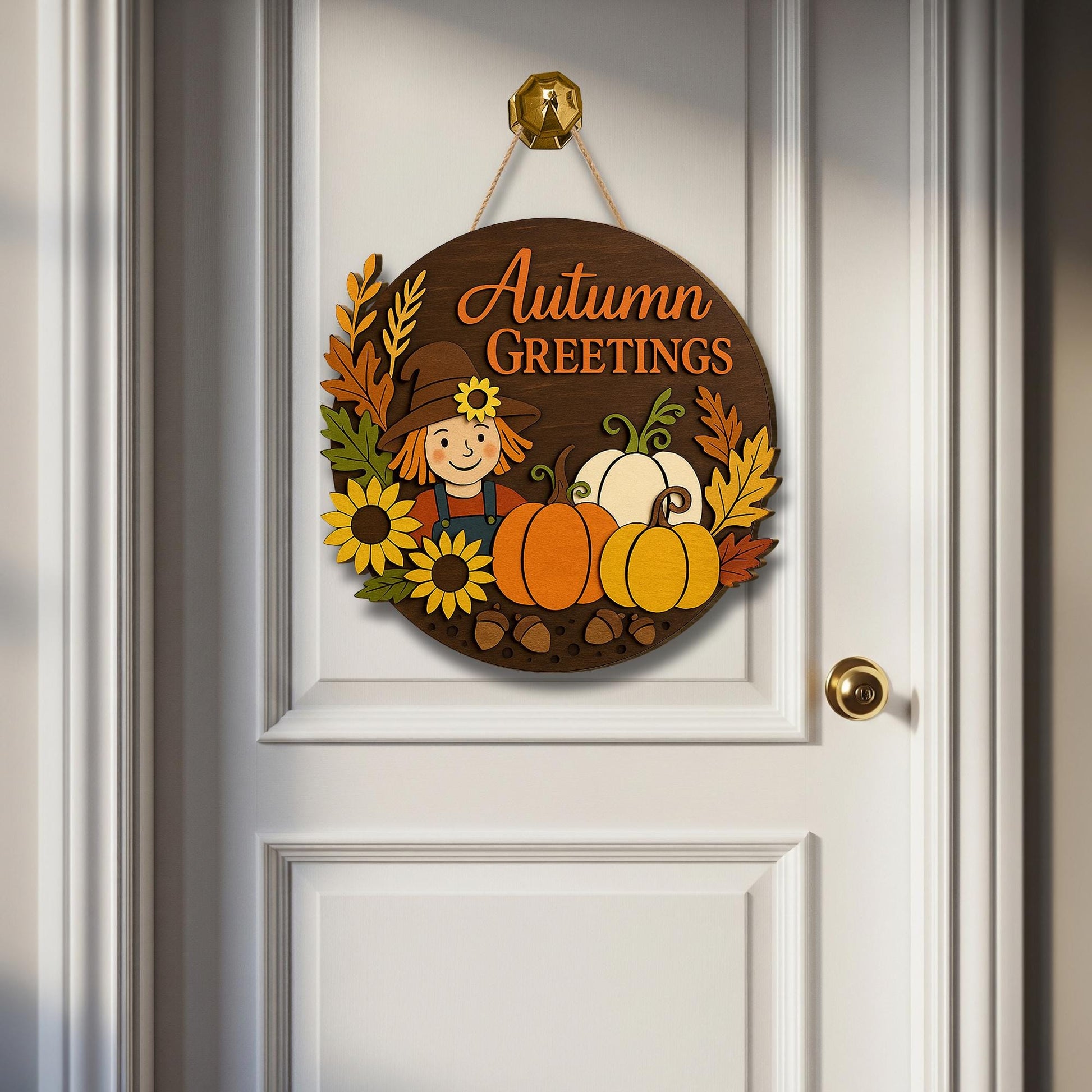 Autumn Greetings Sign, 3D Wood Fall Door Decor, Scarecrow Pumpkin Wall Art, Rustic Farmhouse Porch Sign, Thanksgiving Welcome Sign