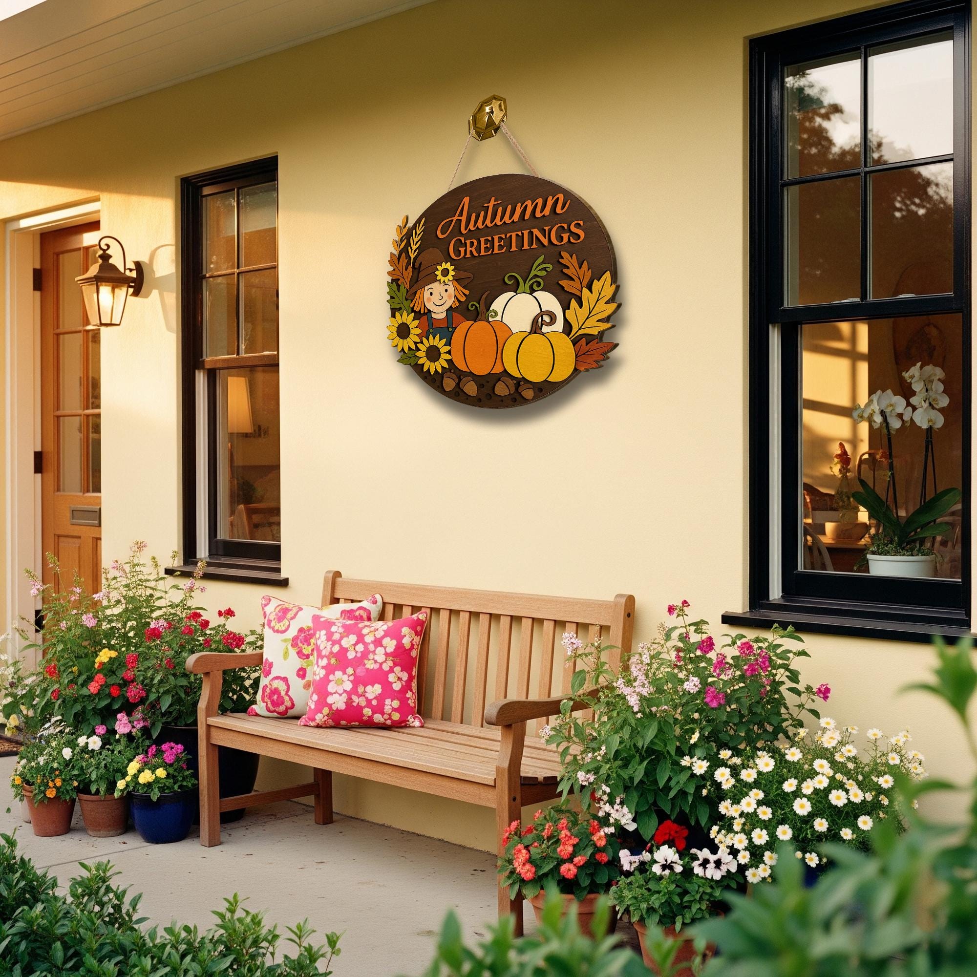 Autumn Greetings Sign, 3D Wood Fall Door Decor, Scarecrow Pumpkin Wall Art, Rustic Farmhouse Porch Sign, Thanksgiving Welcome Sign