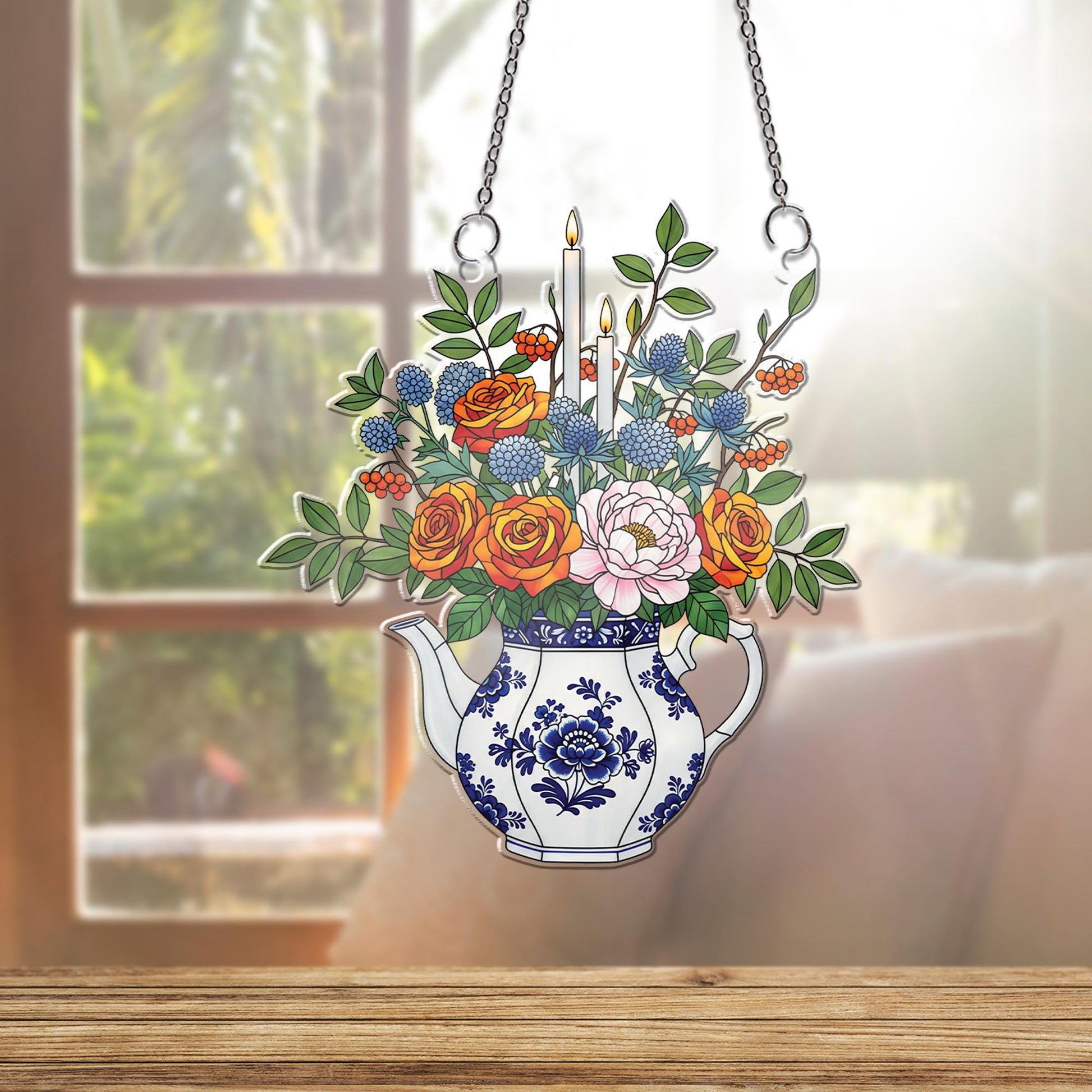 Vintage Teapot Floral Window Hanging – Faux Stained Glass Suncatcher with Candles, Garden Kitchen Decor, Cottagecore Gift