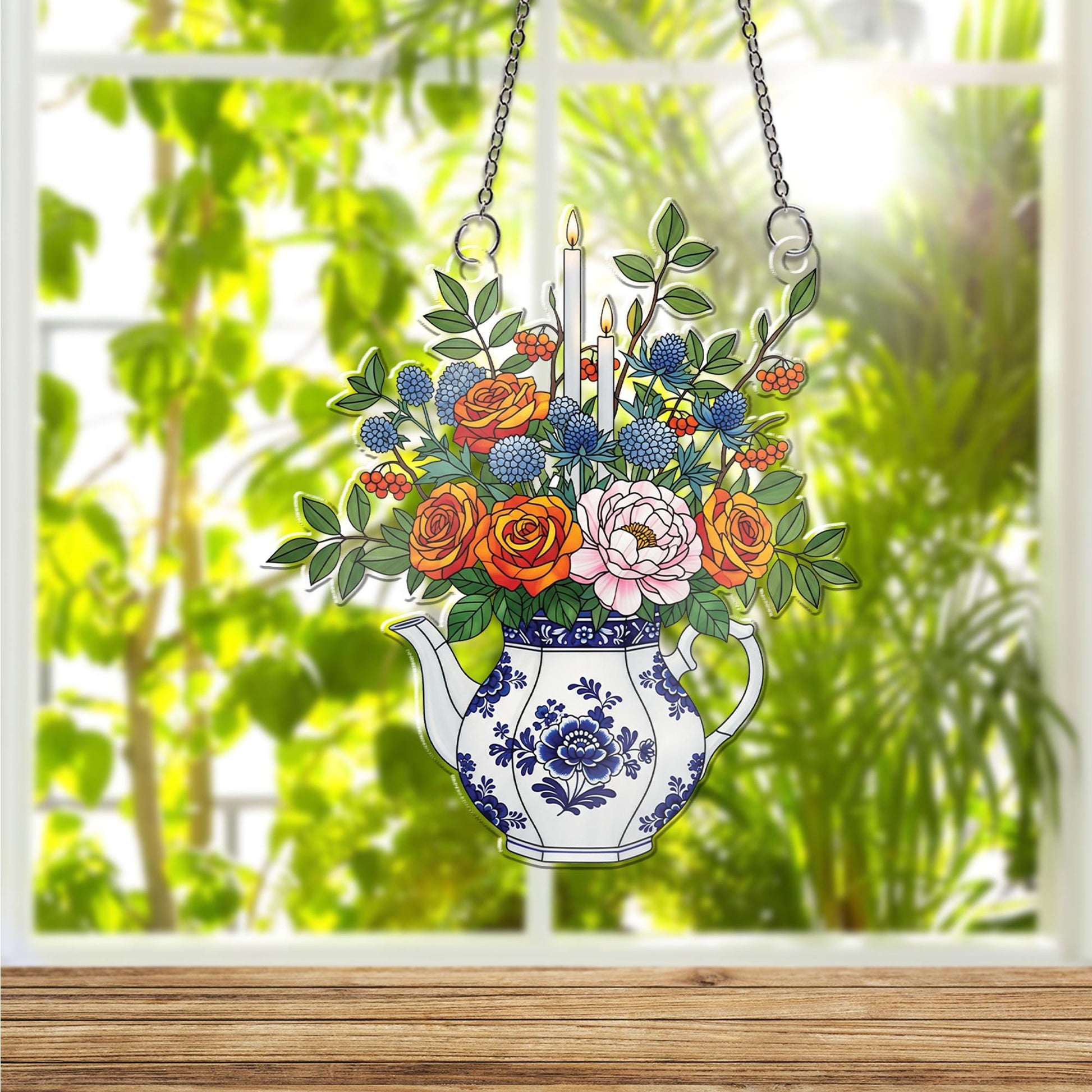 Vintage Teapot Floral Window Hanging – Faux Stained Glass Suncatcher with Candles, Garden Kitchen Decor, Cottagecore Gift