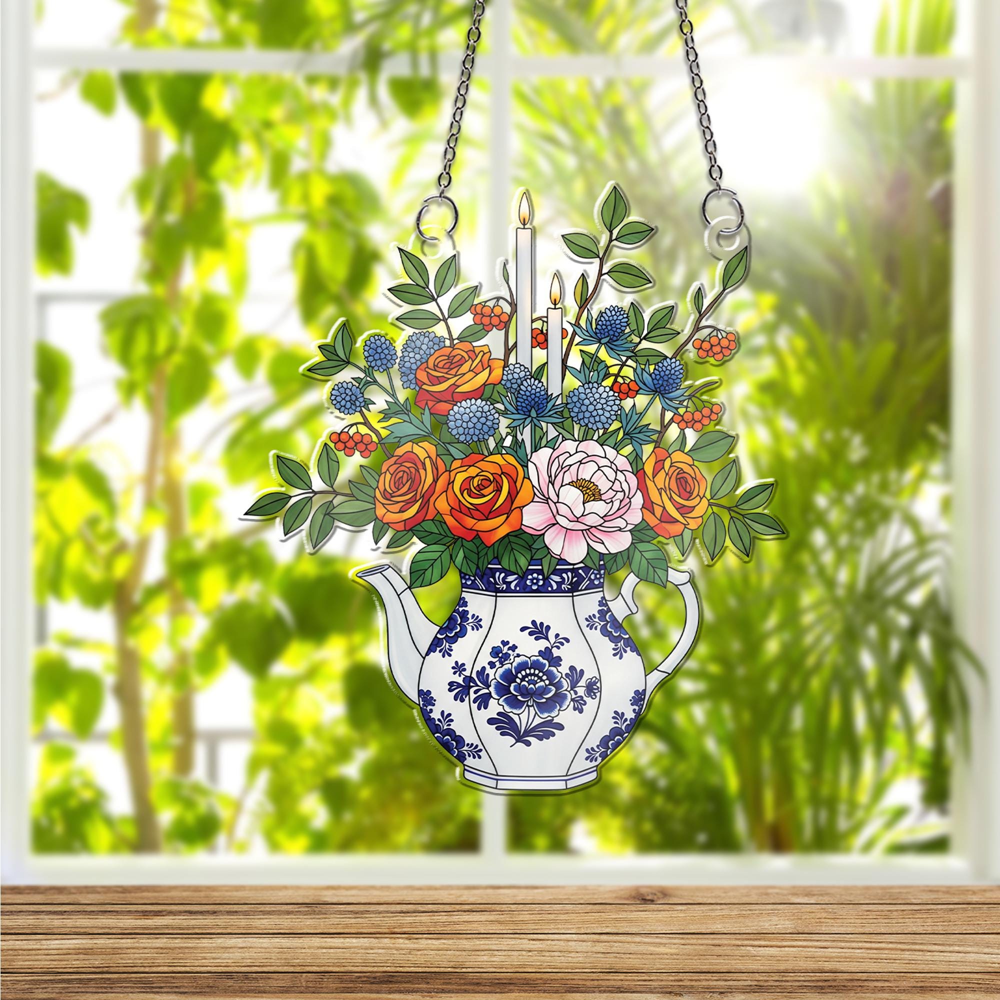 Vintage Teapot Floral Window Hanging – Faux Stained Glass Suncatcher with Candles, Garden Kitchen Decor, Cottagecore Gift
