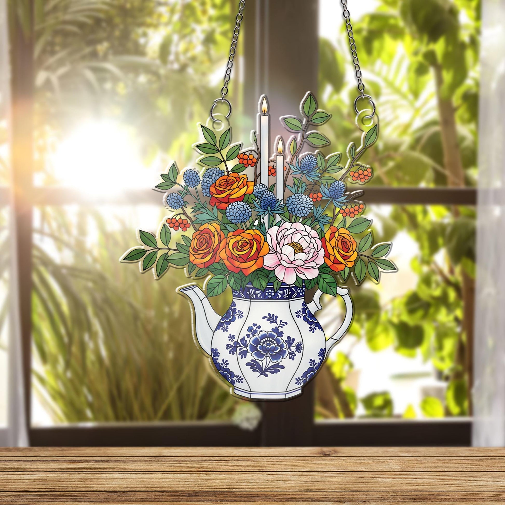 Vintage Teapot Floral Window Hanging – Faux Stained Glass Suncatcher with Candles, Garden Kitchen Decor, Cottagecore Gift