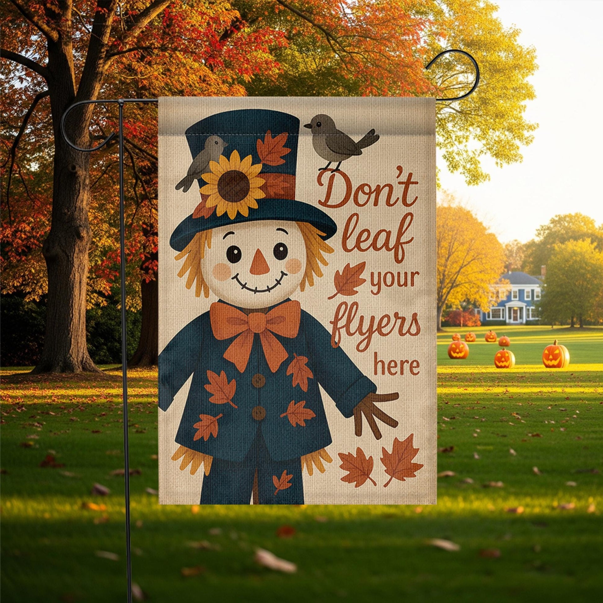 No Soliciting Garden Flag, Funny Fall Yard Decor, Scarecrow Outdoor Sign, Don't Leaf Flyers Here Flag, Cute Autumn Porch Decoration