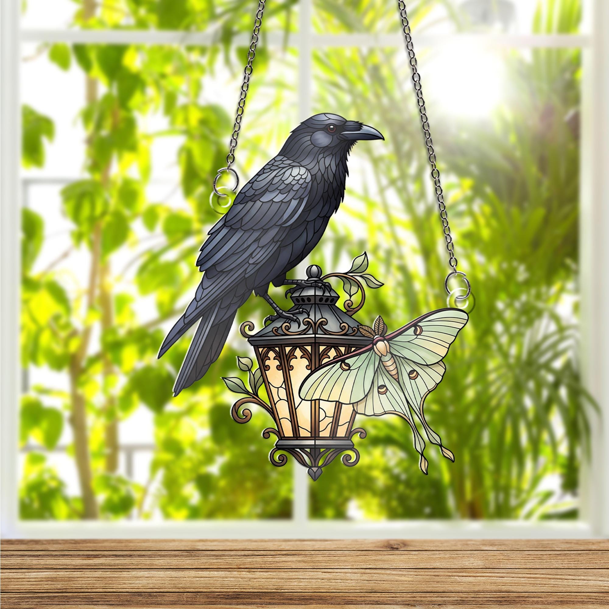 Raven and Luna Moth Window Hanging – Faux Stained Glass Gothic Suncatcher with Lantern, Witchy Home Decor Gift for Nature Lovers