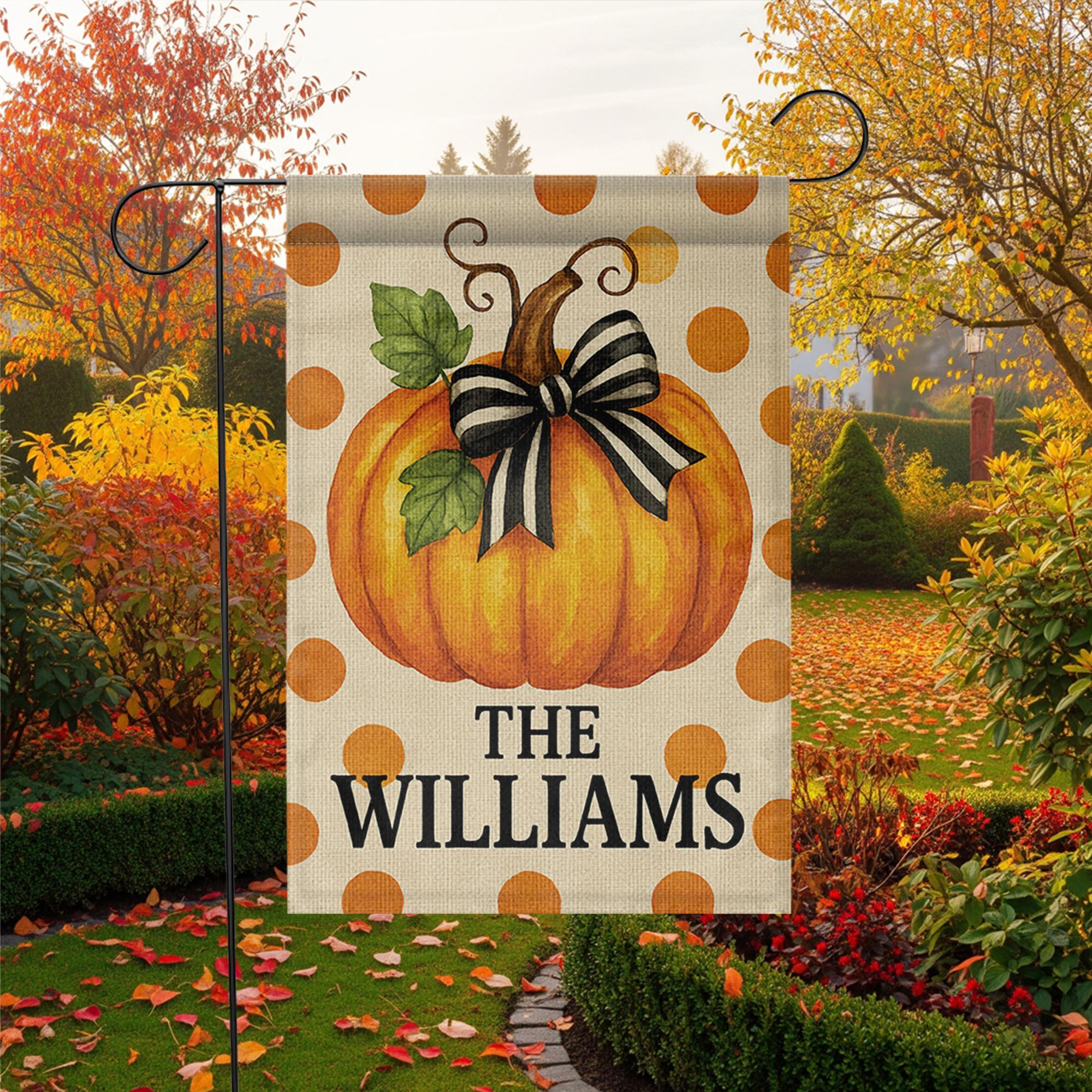 Personalized Fall Garden Flag, Pumpkin Yard Decor with Name, Autumn Outdoor Polka Dot Flag, Custom Family Porch Decoration