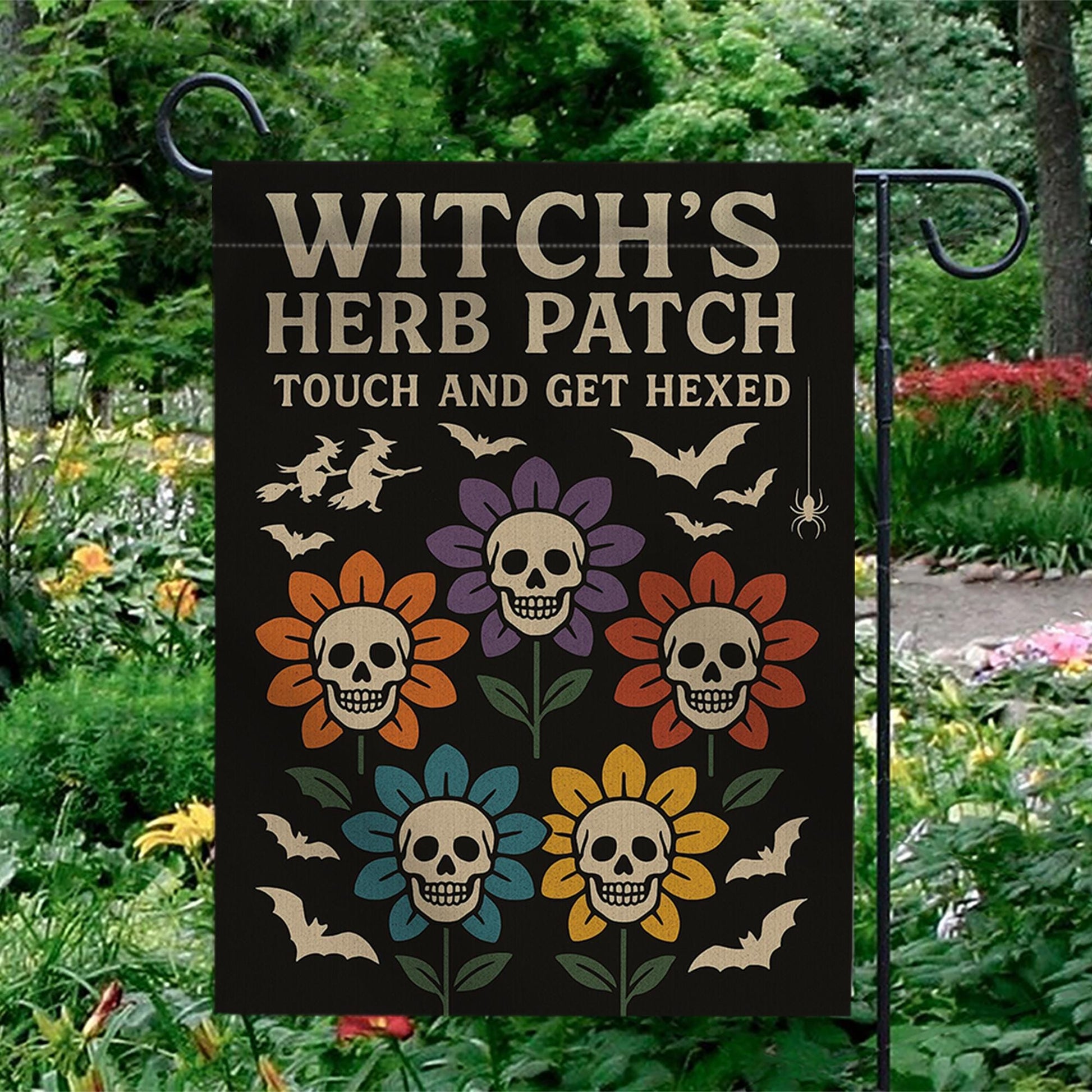 Witch’s Herb Patch Garden Flag, Halloween Skull Flower Yard Decor, Touch and Get Hexed Flag, Funny Spooky Outdoor Decoration