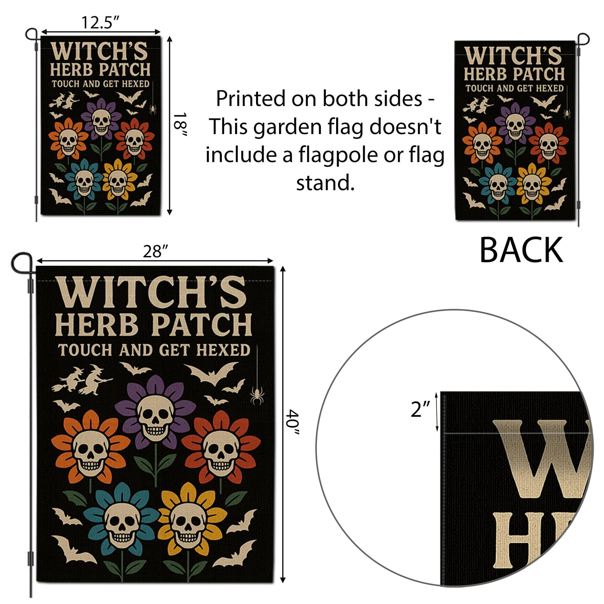 Witch’s Herb Patch Garden Flag, Halloween Skull Flower Yard Decor, Touch and Get Hexed Flag, Funny Spooky Outdoor Decoration