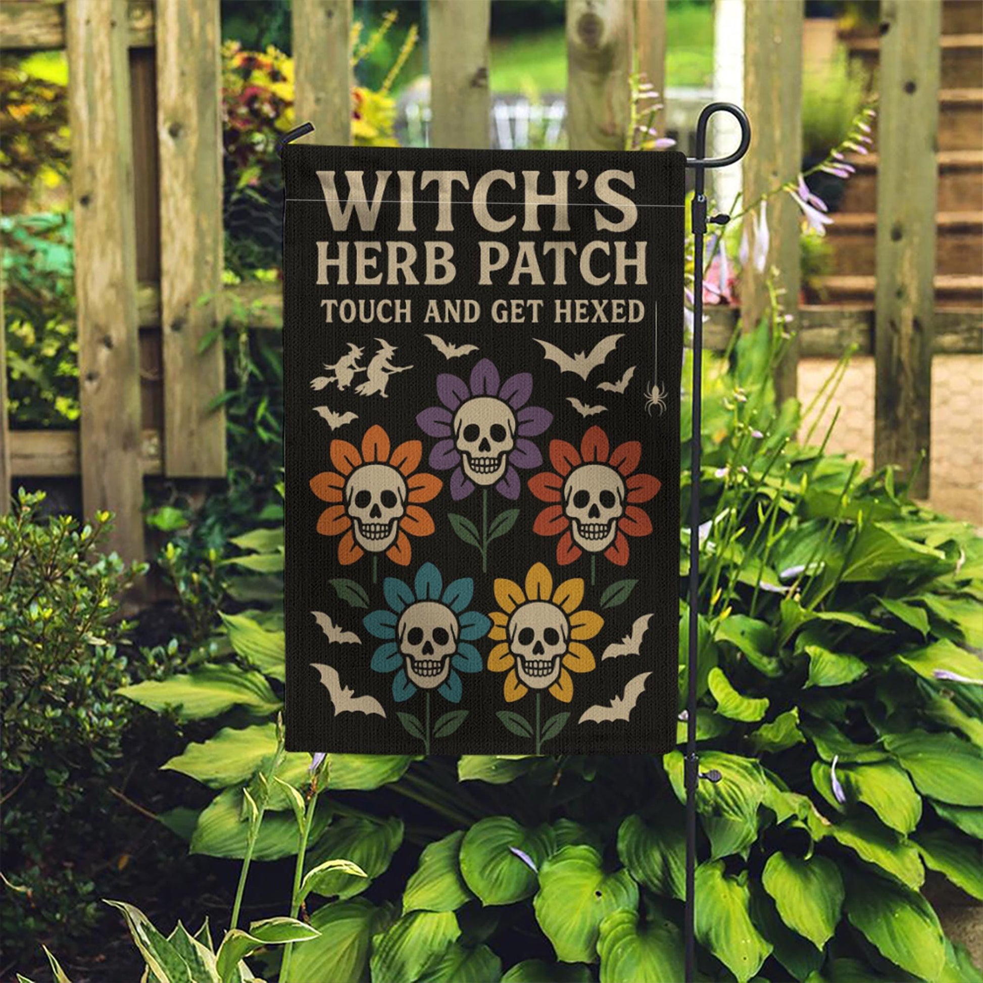 Witch’s Herb Patch Garden Flag, Halloween Skull Flower Yard Decor, Touch and Get Hexed Flag, Funny Spooky Outdoor Decoration