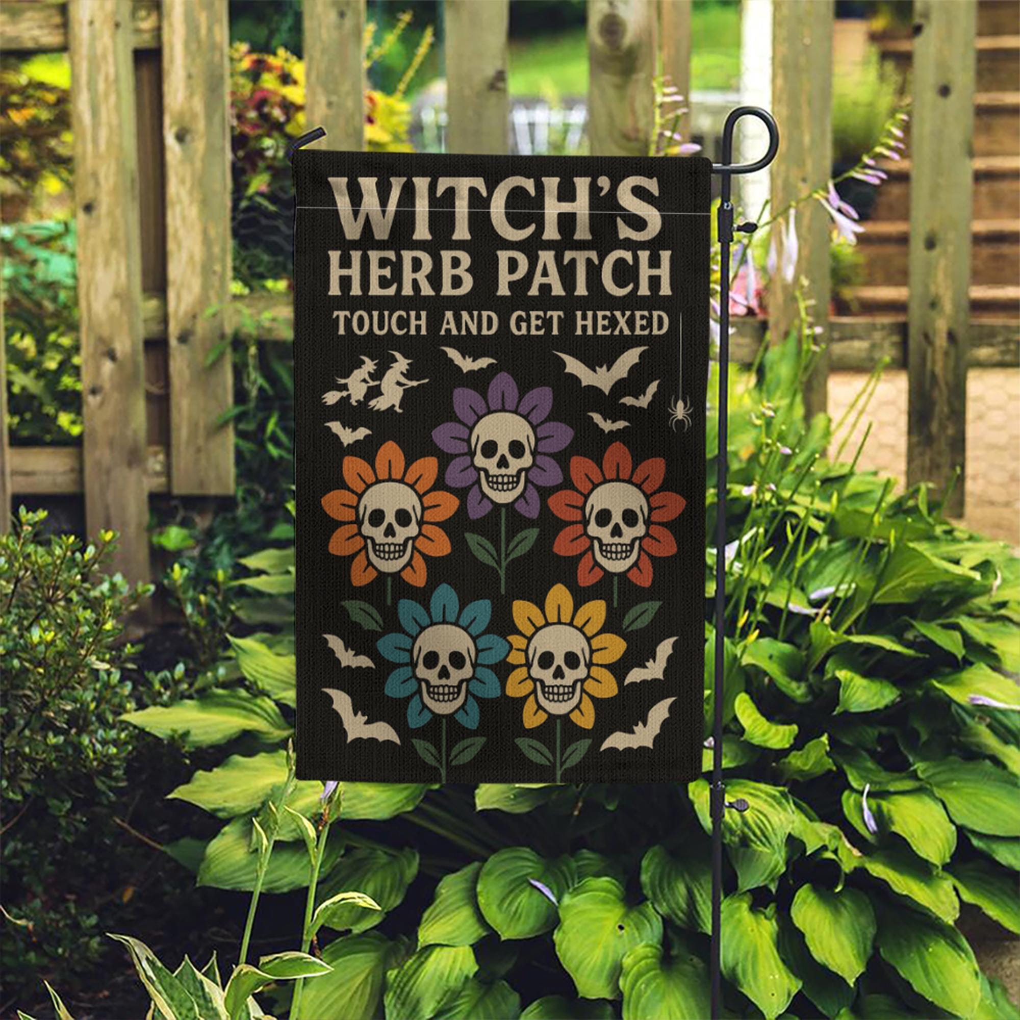 Witch’s Herb Patch Garden Flag, Halloween Skull Flower Yard Decor, Touch and Get Hexed Flag, Funny Spooky Outdoor Decoration