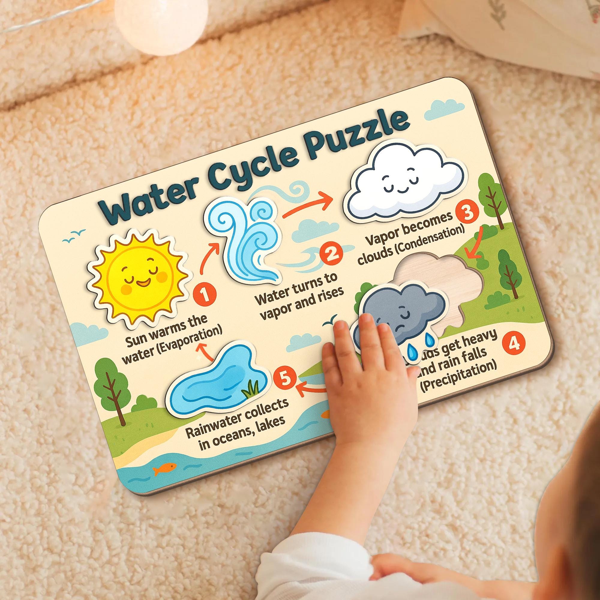 Water Cycle Wooden Puzzle for Kids – Montessori Learning Toy – Weather Science Educational Gift for Toddlers & Preschoolers