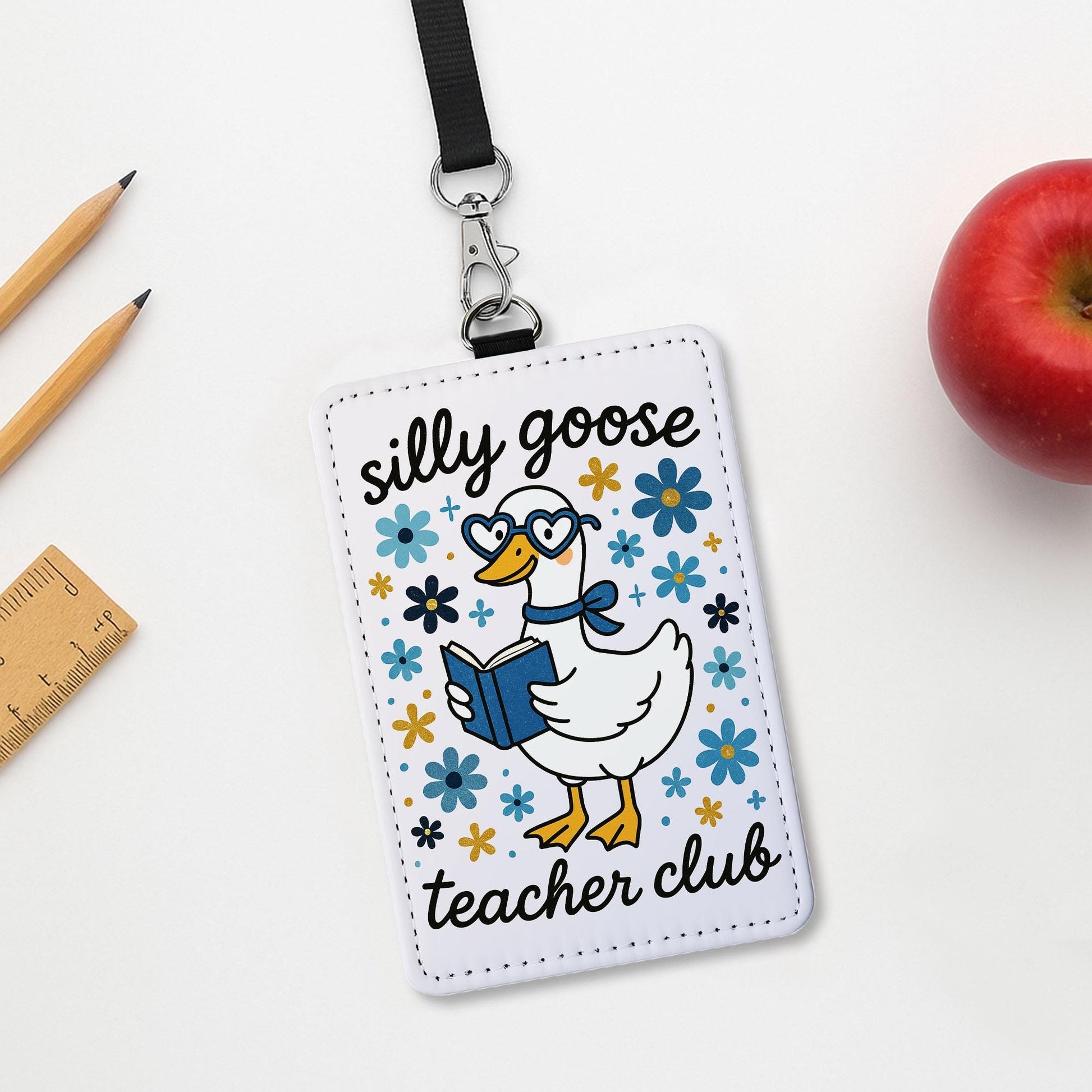 Silly Goose Teacher Club Badge Holder, Funny Teacher ID Lanyard, Cute Educator Gift, Floral Duck School Badge Reel Accessory
