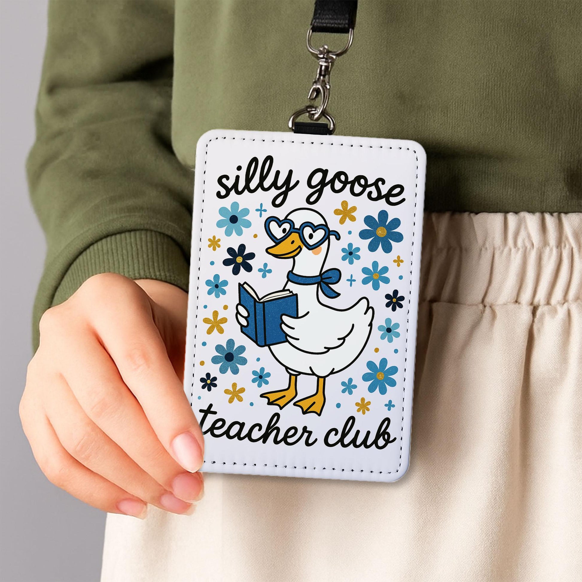 Silly Goose Teacher Club Badge Holder, Funny Teacher ID Lanyard, Cute Educator Gift, Floral Duck School Badge Reel Accessory