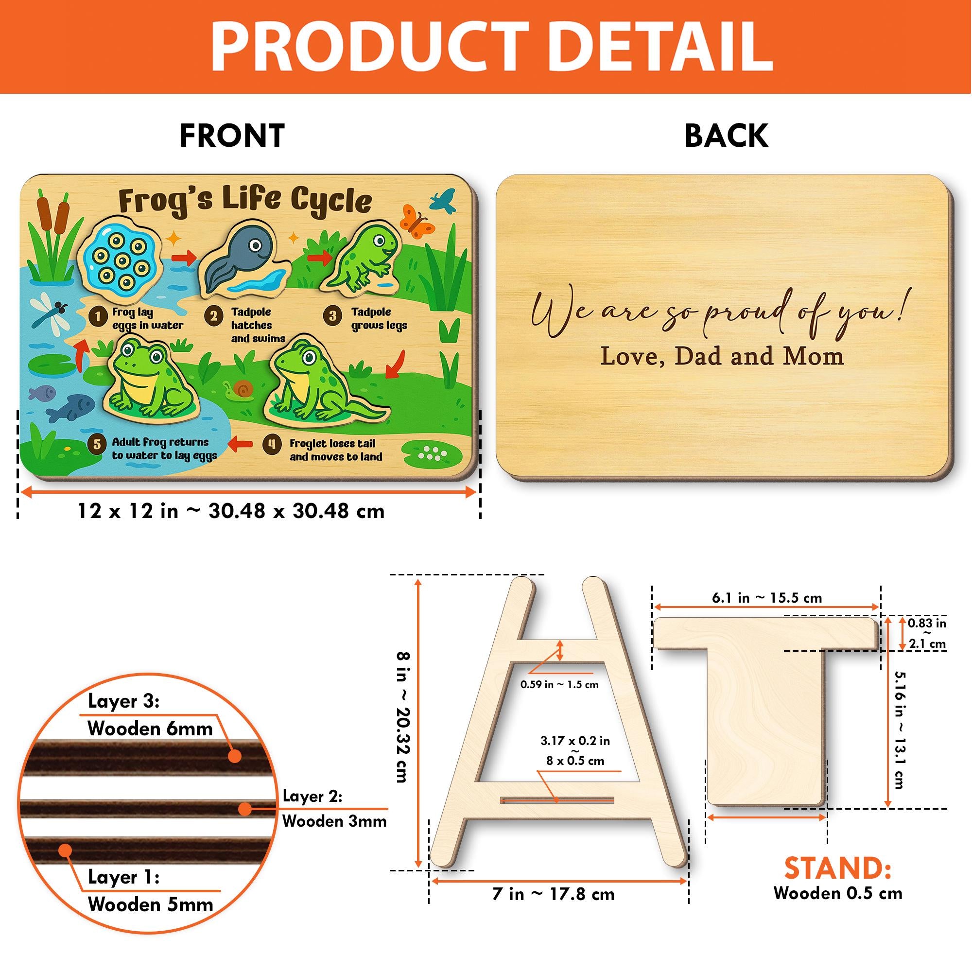 Frog Life Cycle Wooden Puzzle – Montessori Science Toy for Kids – Educational Nature Puzzle for Toddlers & Preschool Learning