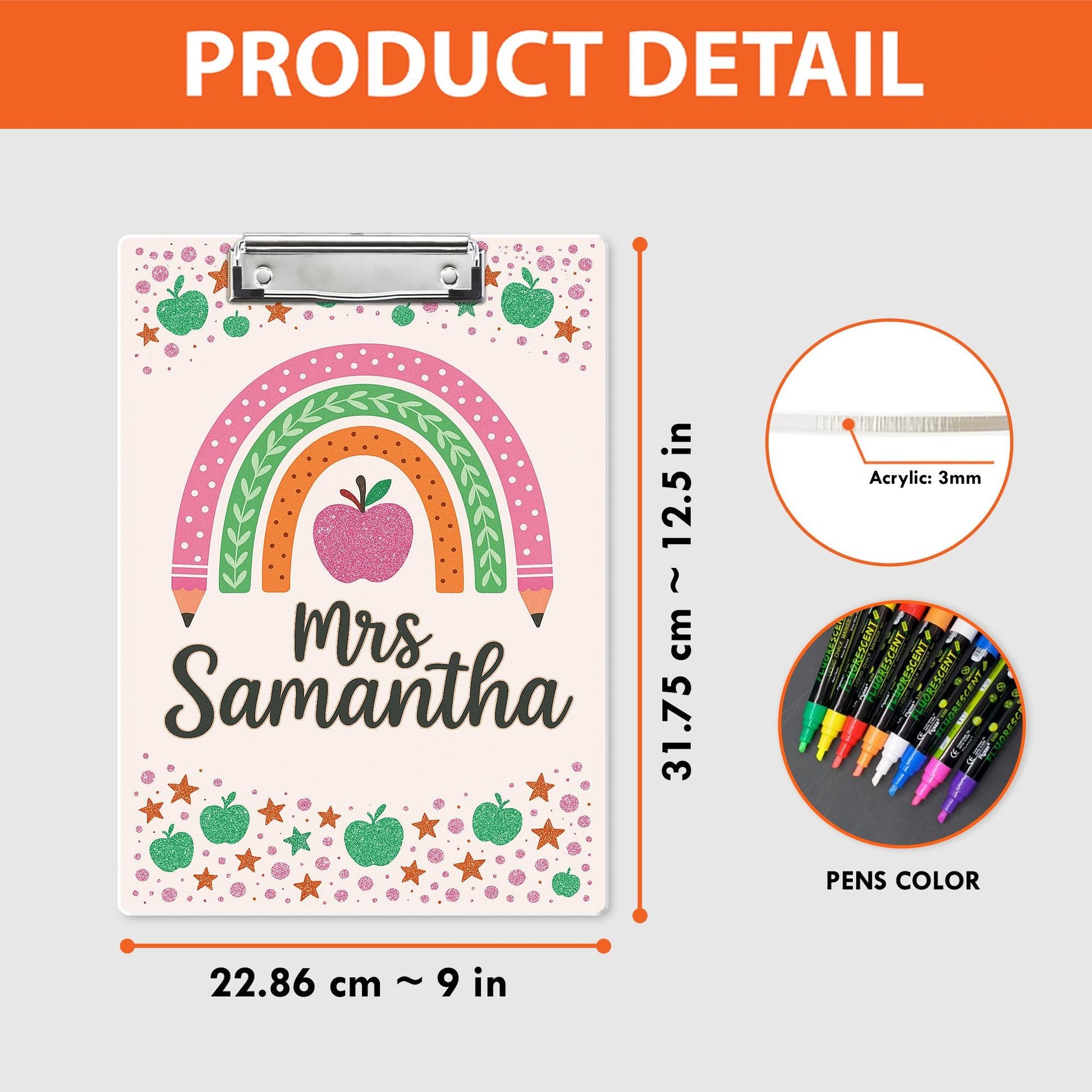 Personalized Teacher Clipboard, Cute Rainbow Apple Design, Teacher Custom Gift, Back to School Office Supplies, Cute Gift