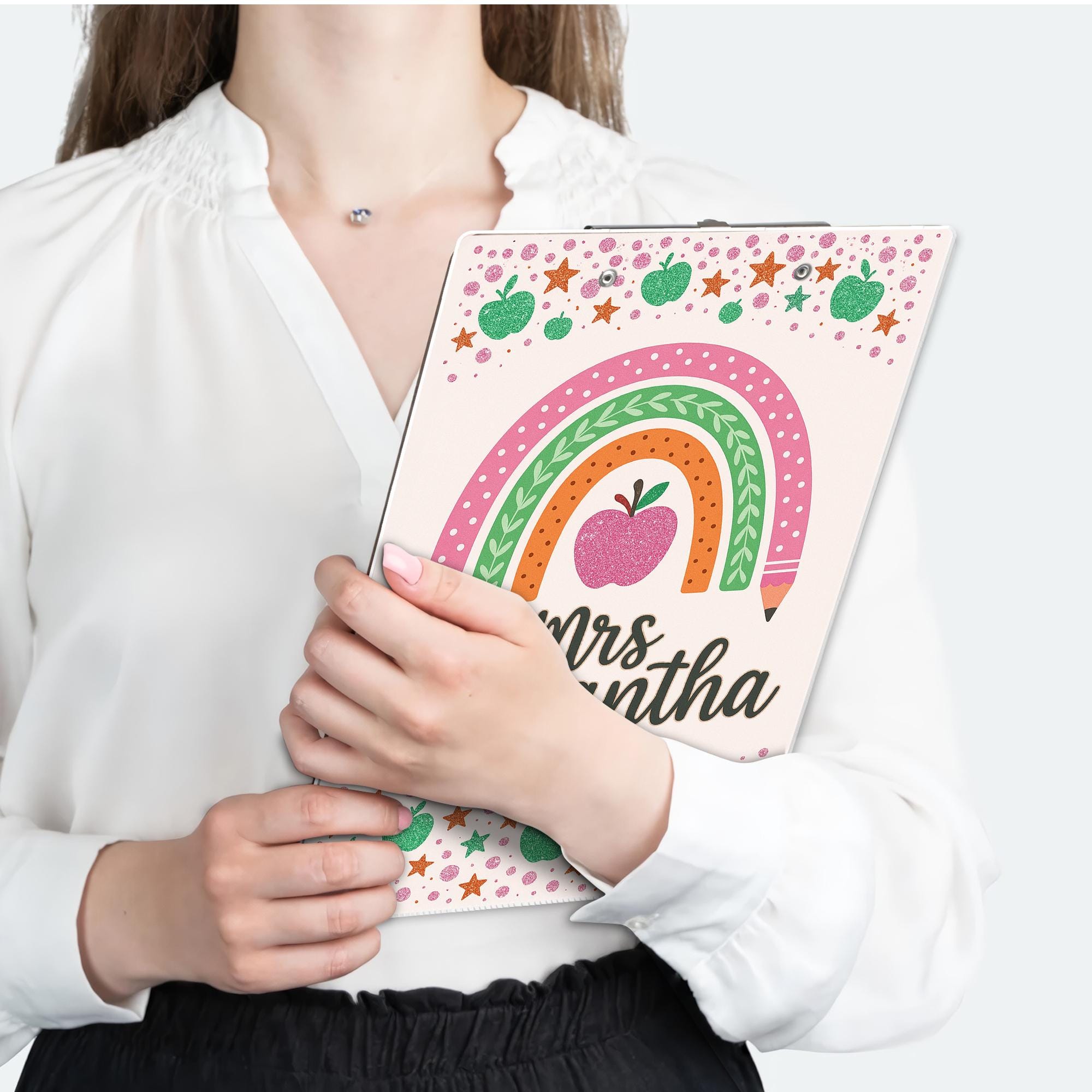 Personalized Teacher Clipboard, Cute Rainbow Apple Design, Teacher Custom Gift, Back to School Office Supplies, Cute Gift