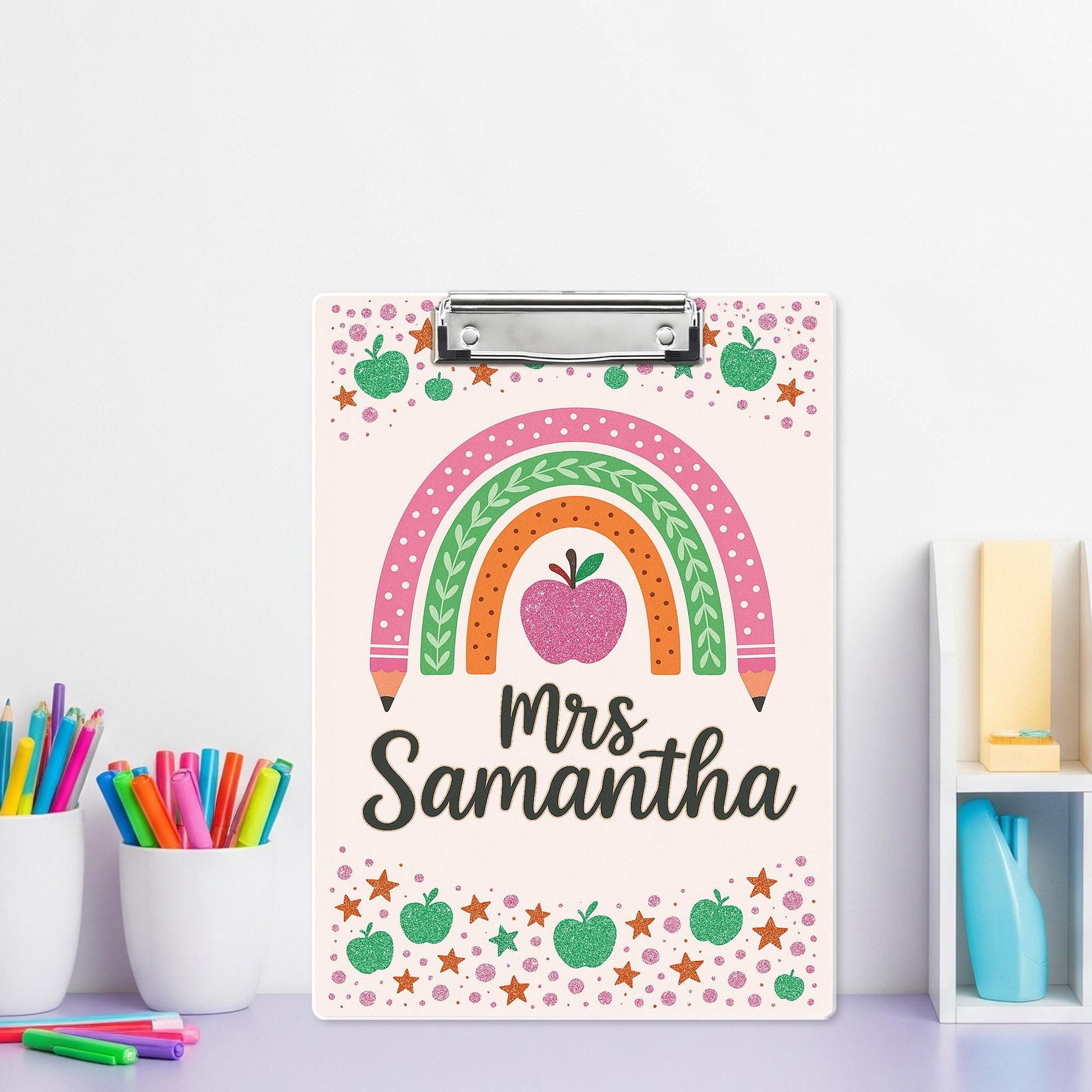 Personalized Teacher Clipboard, Cute Rainbow Apple Design, Teacher Custom Gift, Back to School Office Supplies, Cute Gift