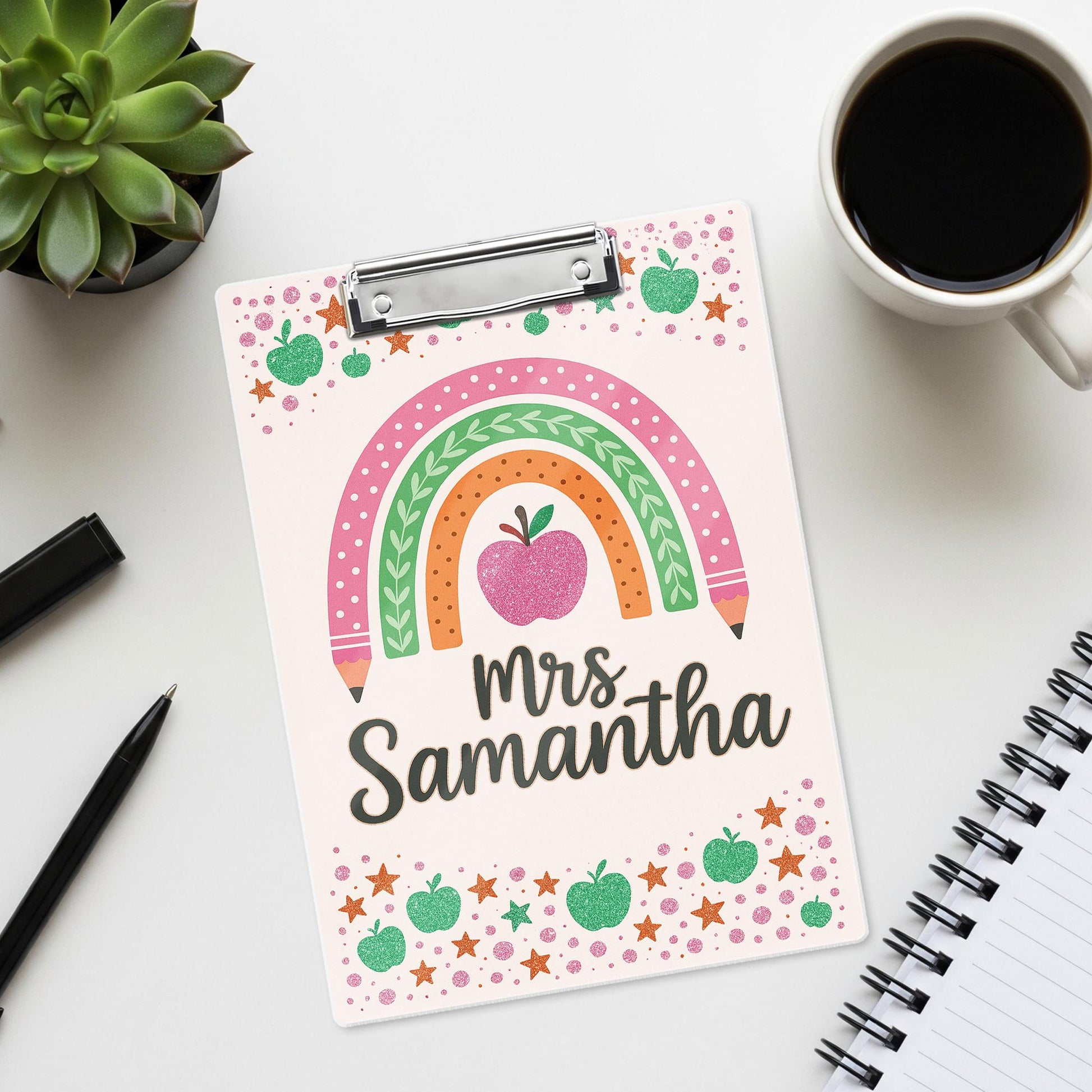 Personalized Teacher Clipboard, Cute Rainbow Apple Design, Teacher Custom Gift, Back to School Office Supplies, Cute Gift