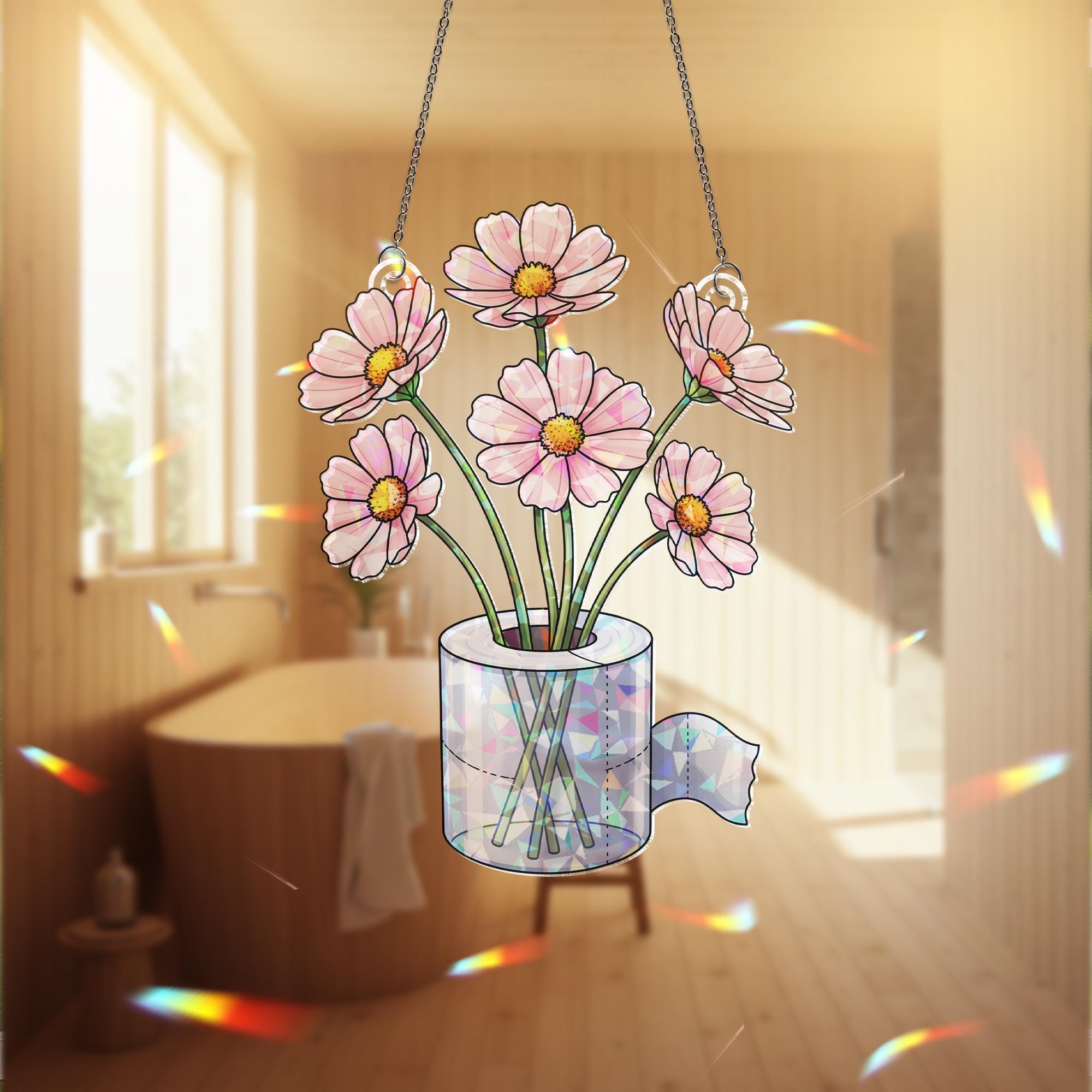 Holographic Toilet Paper Flower Suncatcher, Funny Window Hanging, Prism Bathroom Decor, Rainbow Maker, Quirky Gift Idea