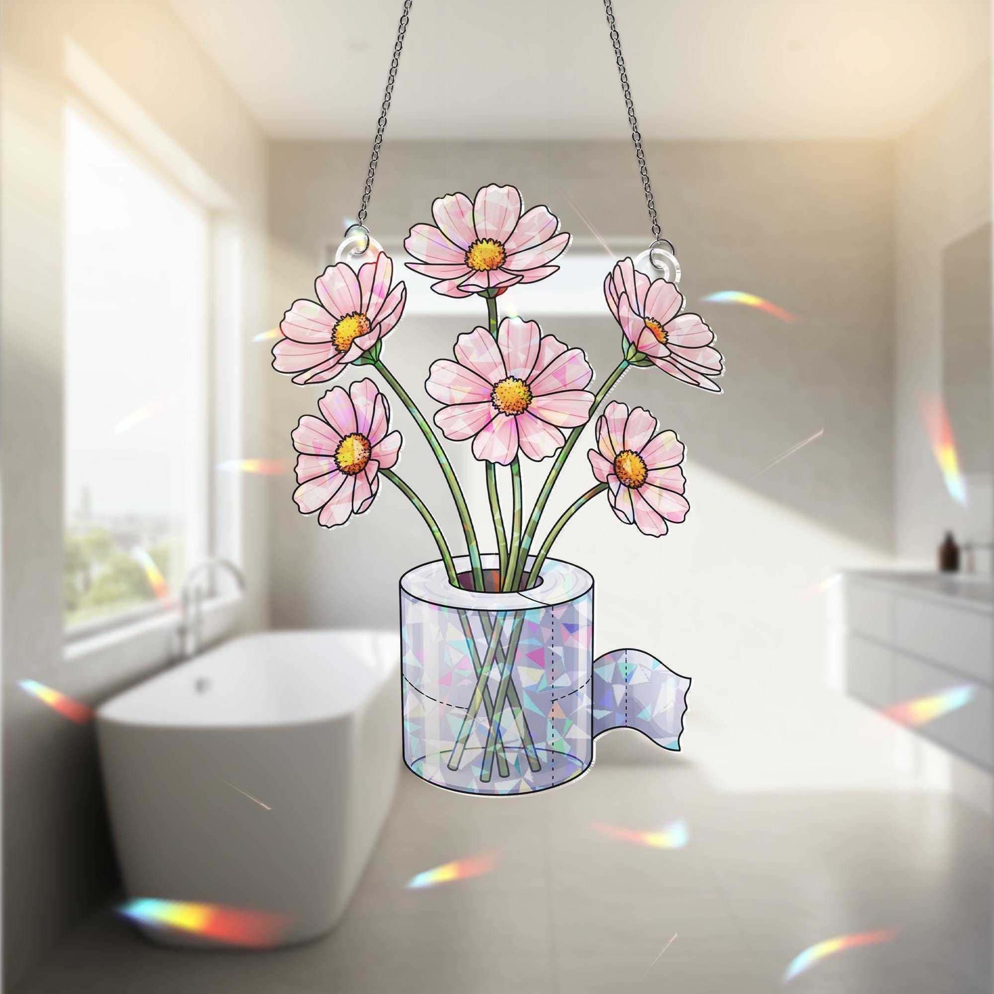Holographic Toilet Paper Flower Suncatcher, Funny Window Hanging, Prism Bathroom Decor, Rainbow Maker, Quirky Gift Idea