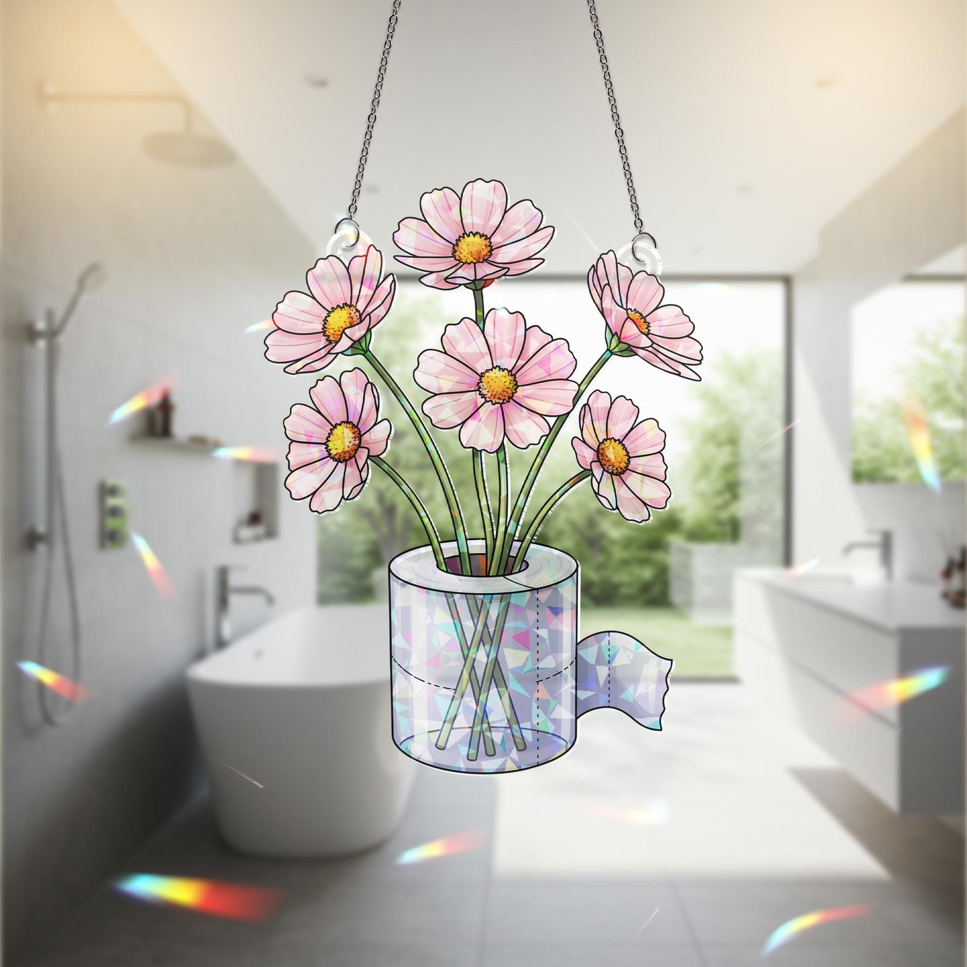 Holographic Toilet Paper Flower Suncatcher, Funny Window Hanging, Prism Bathroom Decor, Rainbow Maker, Quirky Gift Idea