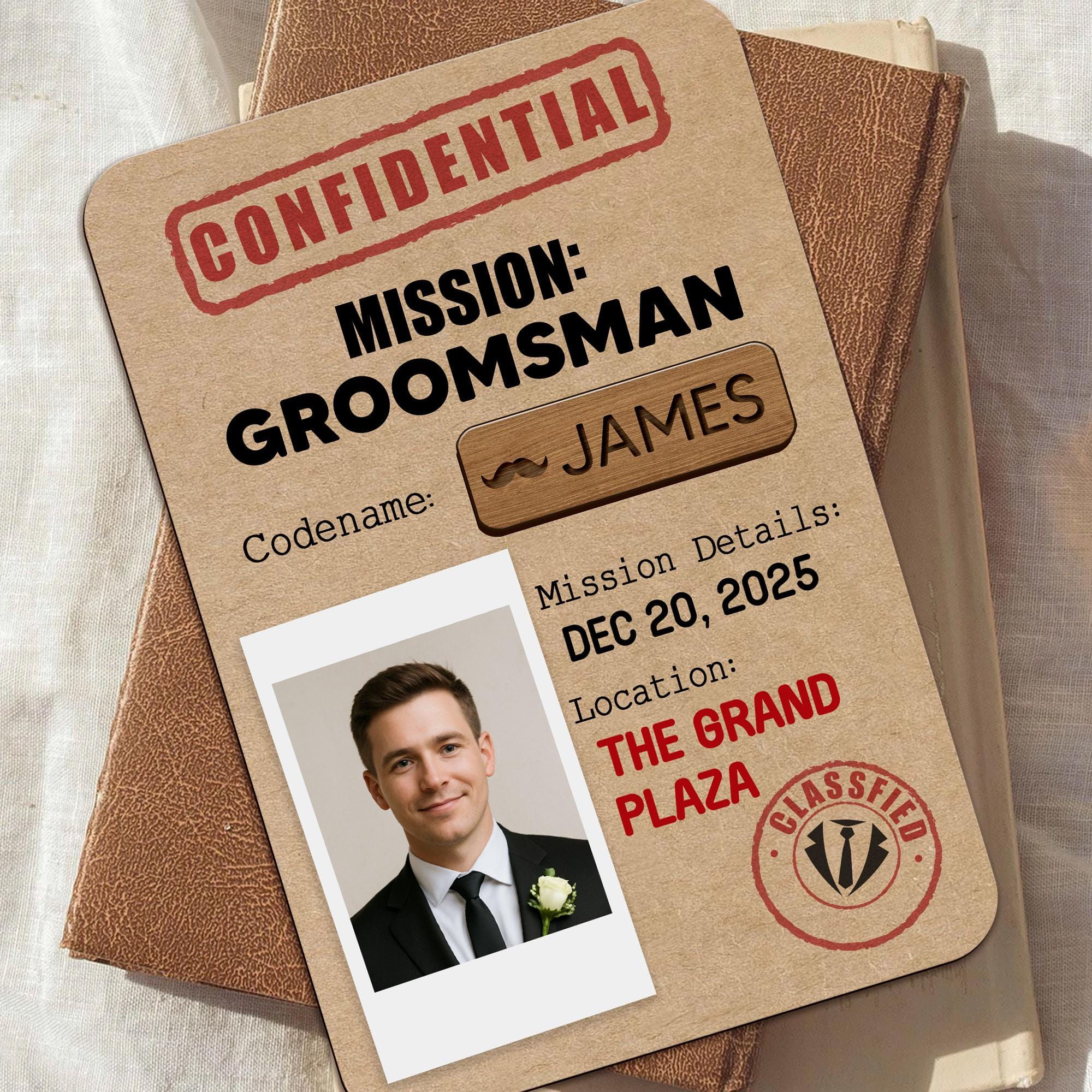 Groomsman Card Set – Custom Wooden Magnetic Name Tag, Envelope & Box – Secret Mission Wedding Party Gift for Men
