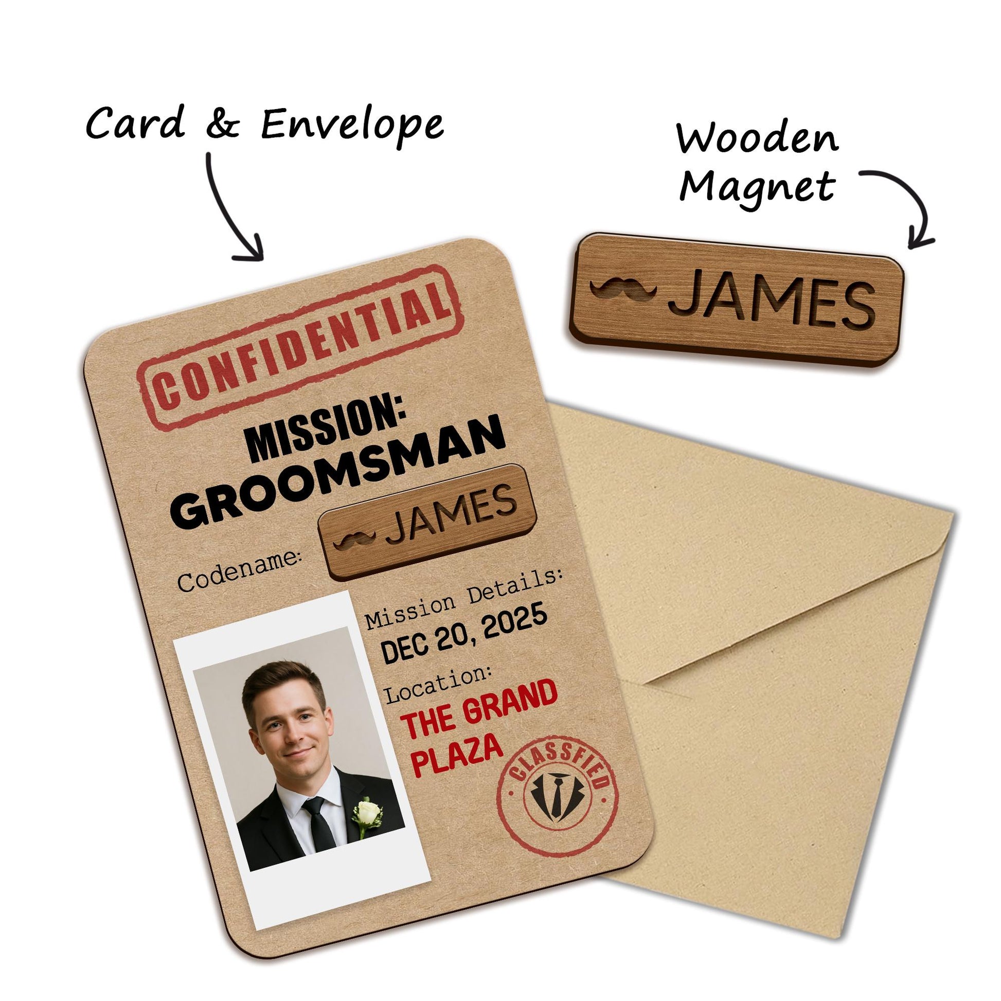 Groomsman Card Set – Custom Wooden Magnetic Name Tag, Envelope & Box – Secret Mission Wedding Party Gift for Men