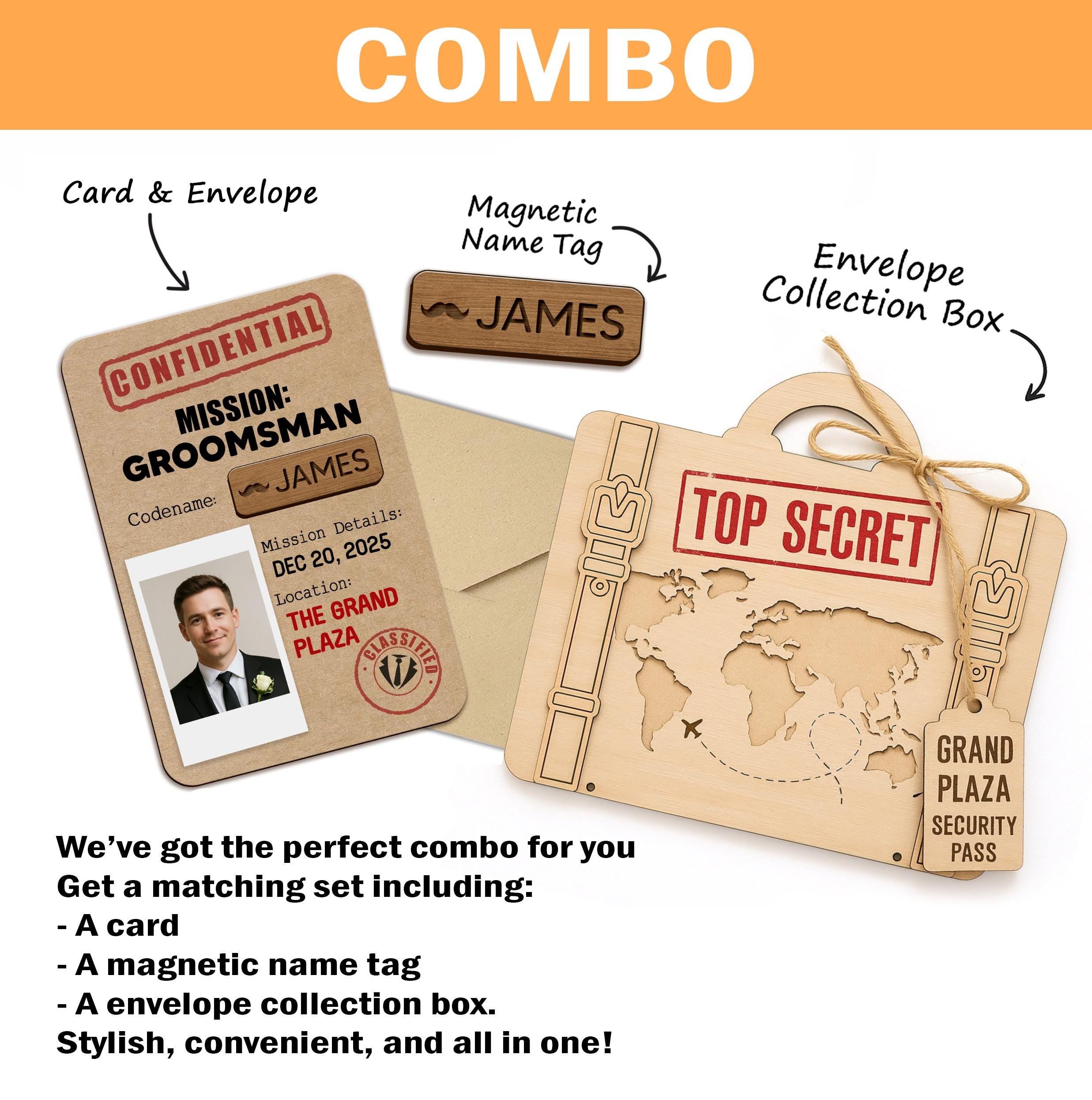 Groomsman Card Set – Custom Wooden Magnetic Name Tag, Envelope & Box – Secret Mission Wedding Party Gift for Men