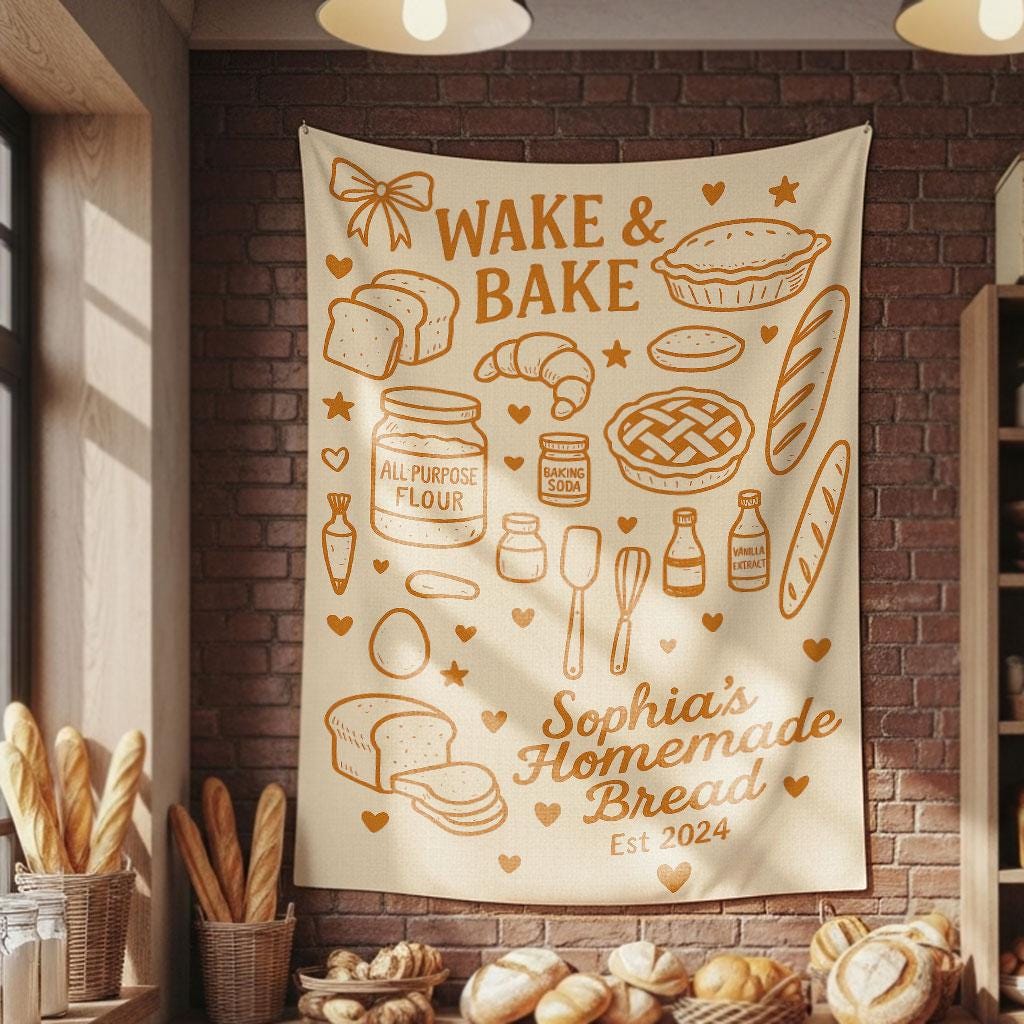 Wake & Bake Bakery Banner - Custom Bread Shop Sign - Baker Homemade Bread Tapestry - Farmer’s Market Decor - Rustic Bakery Wall Hanging