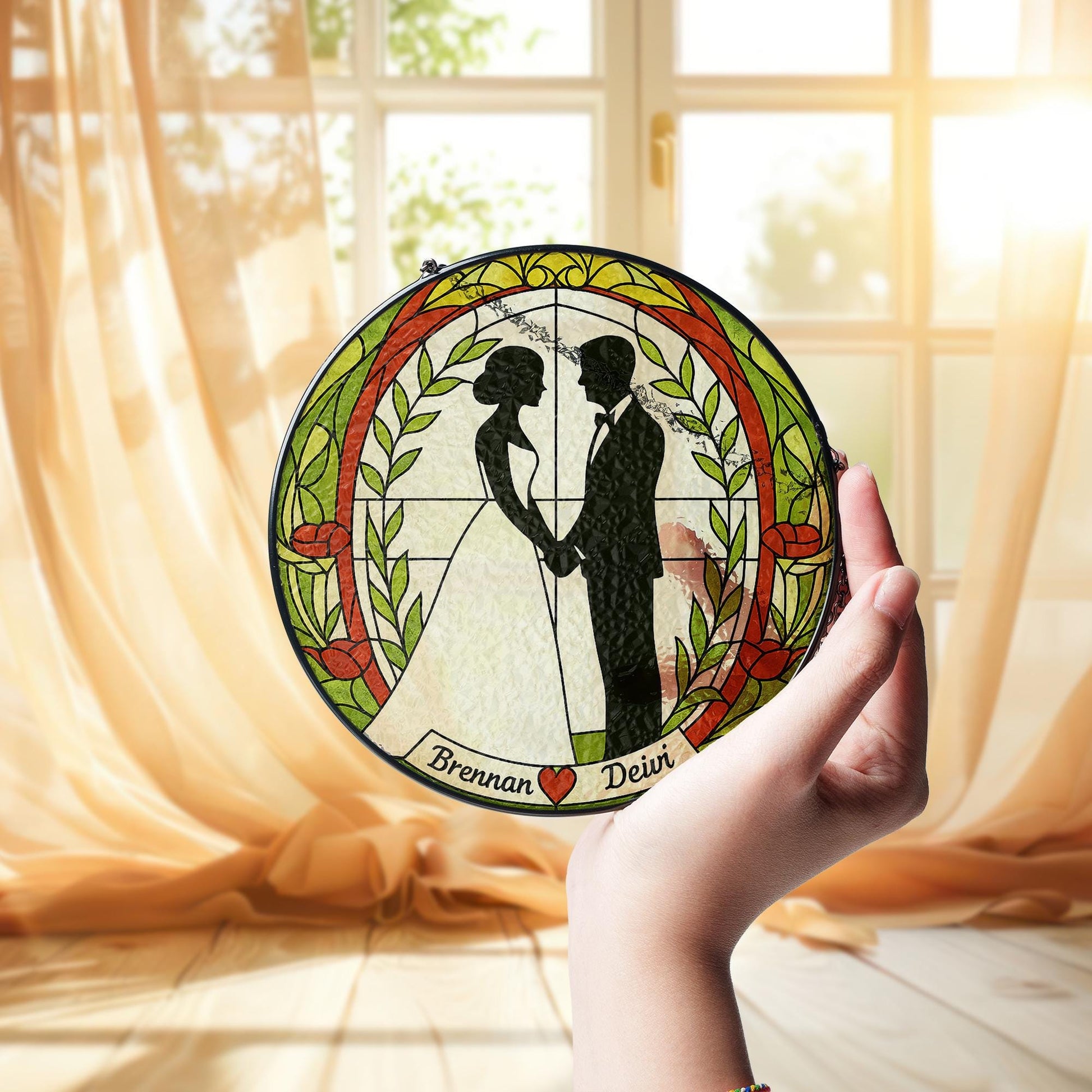 Custom Wedding Glass Suncatcher, Personalized Bride and Groom Sun Catcher, Romantic Couple Gift, Bridal Keepsake Ornament