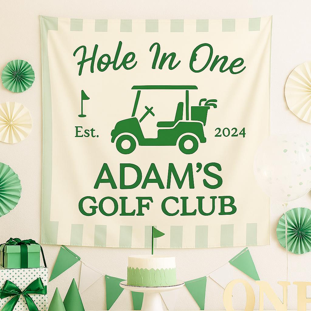 Custom Golf Birthday Banner - Hole In One Tapestry - Personalized Golf Club Wall Decor - Golf Cart Birthday Sign - Golf tapestry