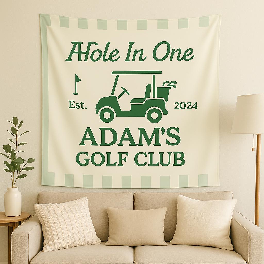 Custom Golf Birthday Banner - Hole In One Tapestry - Personalized Golf Club Wall Decor - Golf Cart Birthday Sign - Golf tapestry