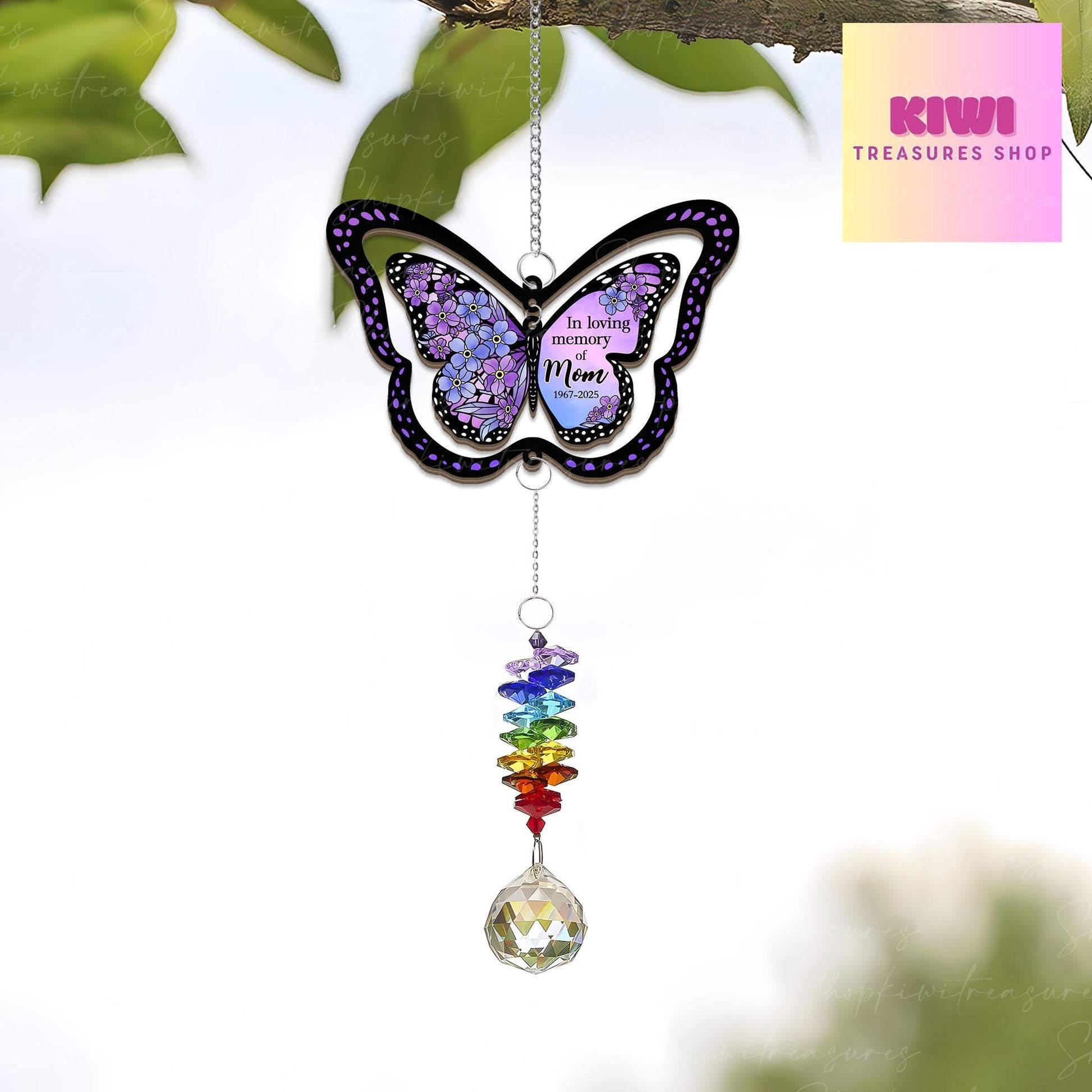 Custom Memorial Butterfly Suncatcher – In Loving Memory Gift with Crystal Charm & Name, Rainbow Window Hanging Tribute Keepsake