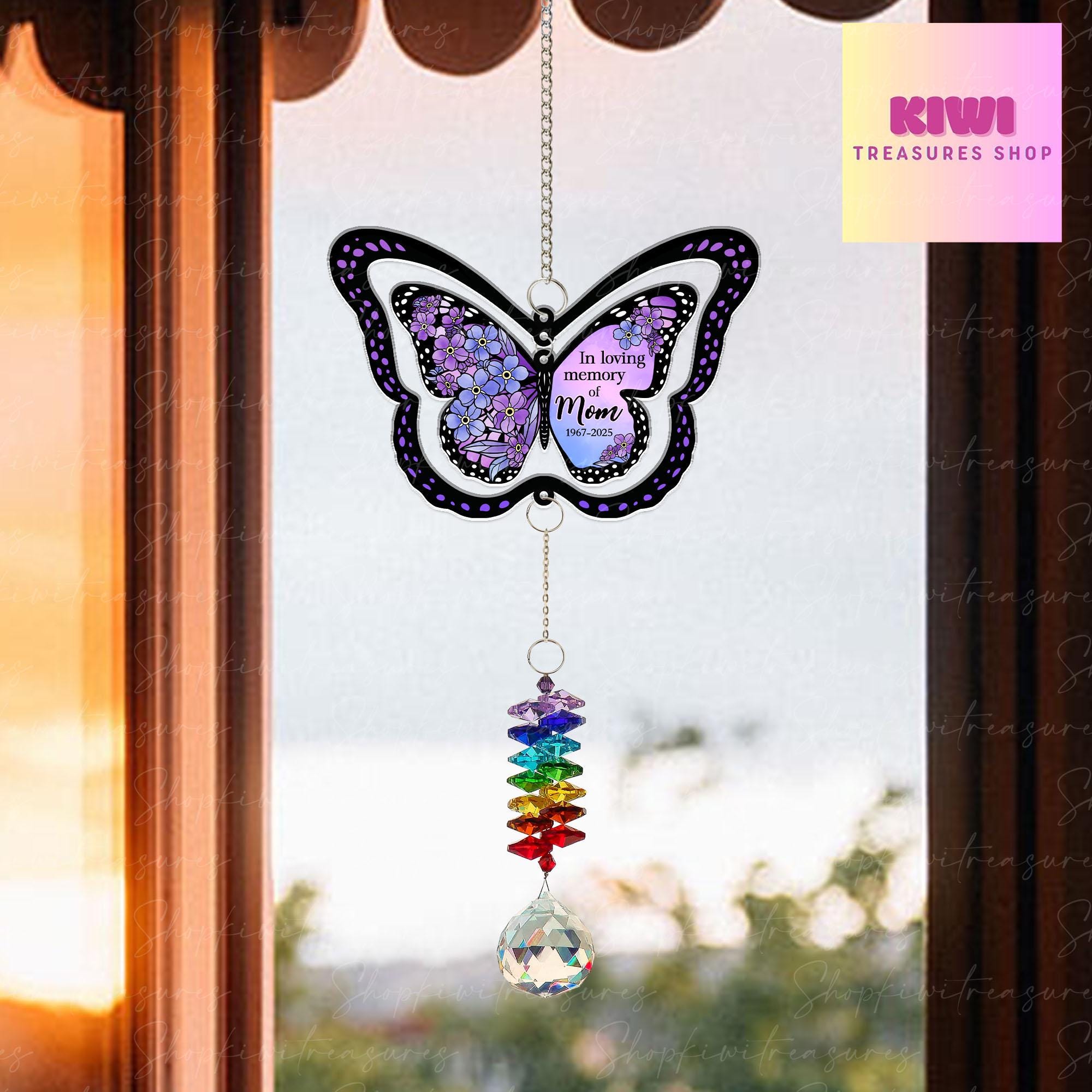 Custom Memorial Butterfly Suncatcher – In Loving Memory Gift with Crystal Charm & Name, Rainbow Window Hanging Tribute Keepsake