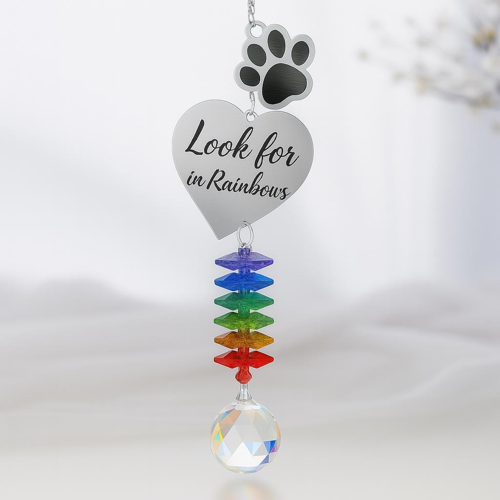 Pet Memorial Rainbow Suncatcher – Custom Paw Print with Name & Heart Charm, “Look for Me in Rainbows” Crystal Window Tribute Gift