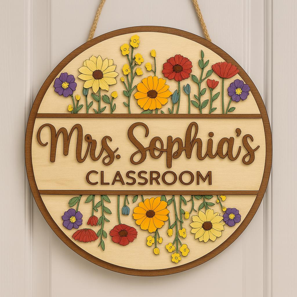 Personalized Teacher Door Sign - Custom Classroom Name Sign with Flowers, Wood Back to School Decor, Teacher Gift for Mrs