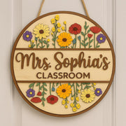Personalized Teacher Door Sign - Custom Classroom Name Sign with Flowers, Wood Back to School Decor, Teacher Gift for Mrs