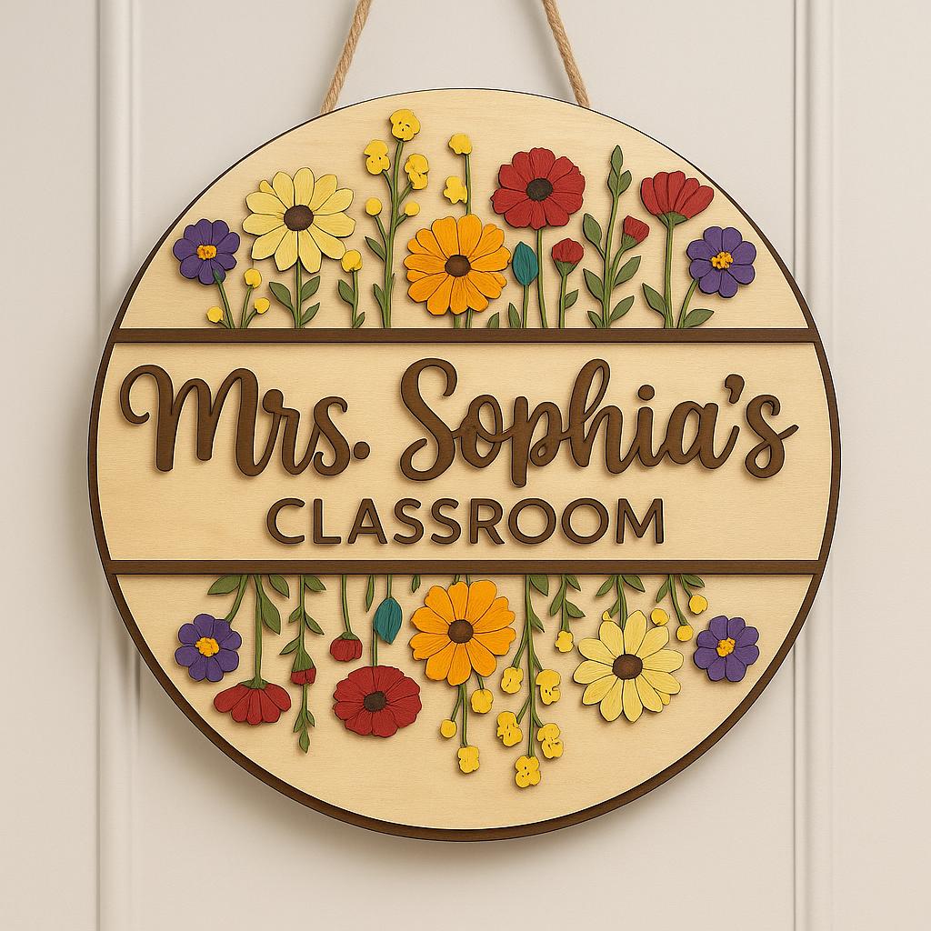 Personalized Teacher Door Sign - Custom Classroom Name Sign with Flowers, Wood Back to School Decor, Teacher Gift for Mrs
