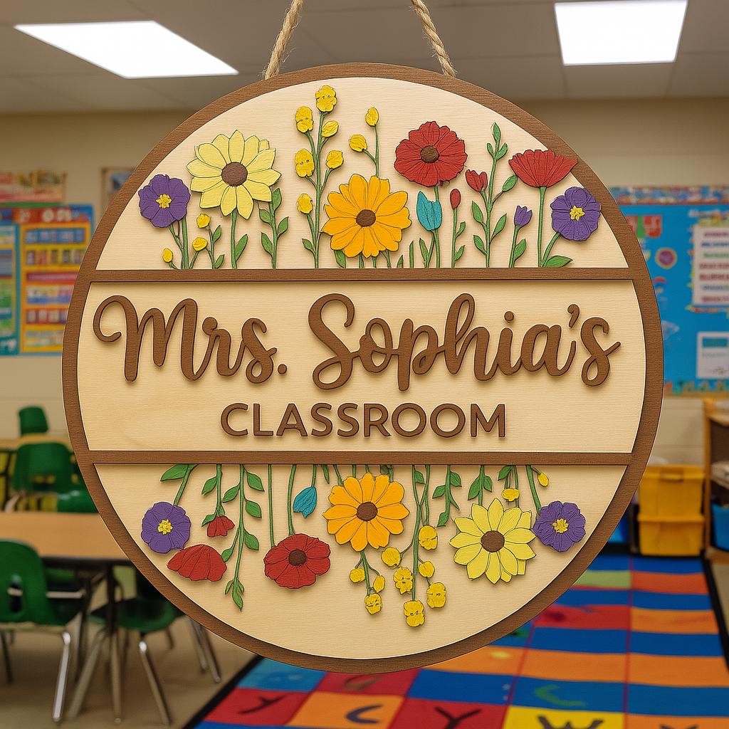 Personalized Teacher Door Sign - Custom Classroom Name Sign with Flowers, Wood Back to School Decor, Teacher Gift for Mrs