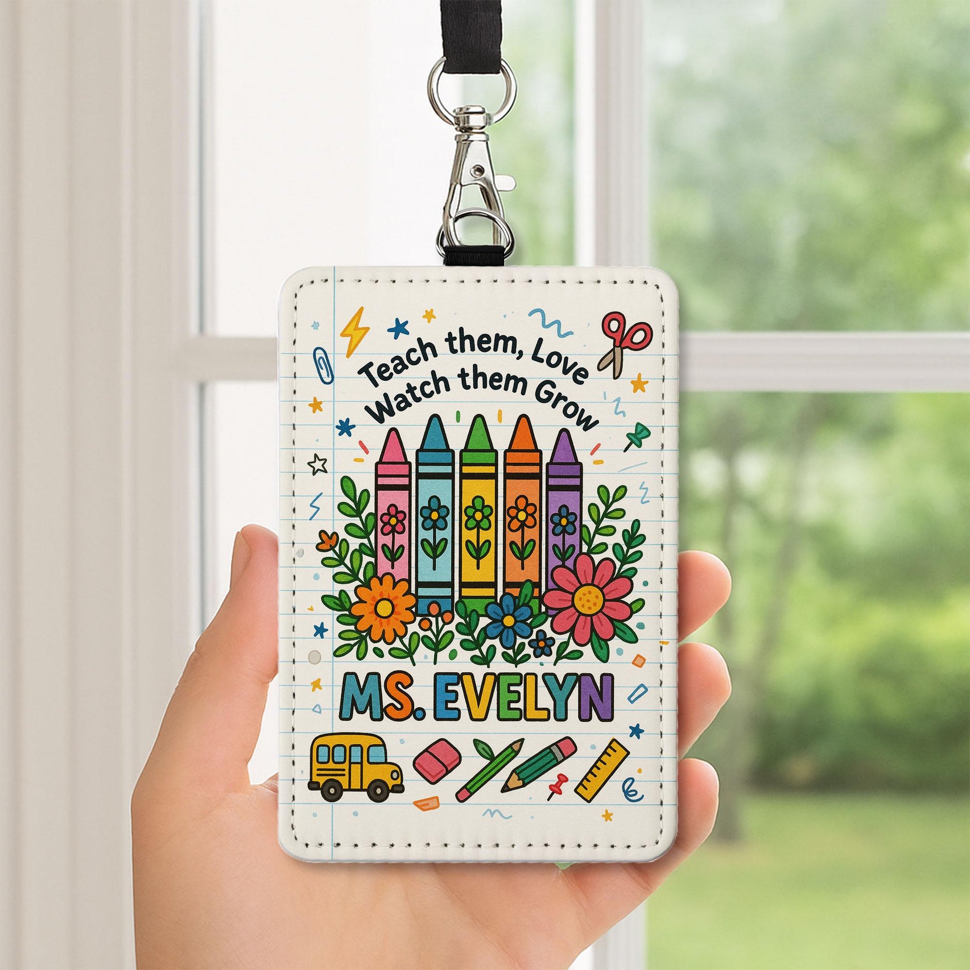 Personalized Teacher Badge Holder, Back to School ID Card Holder, Crayon Floral Lanyard Tag, Cute Teacher Gift, Classroom Accessory