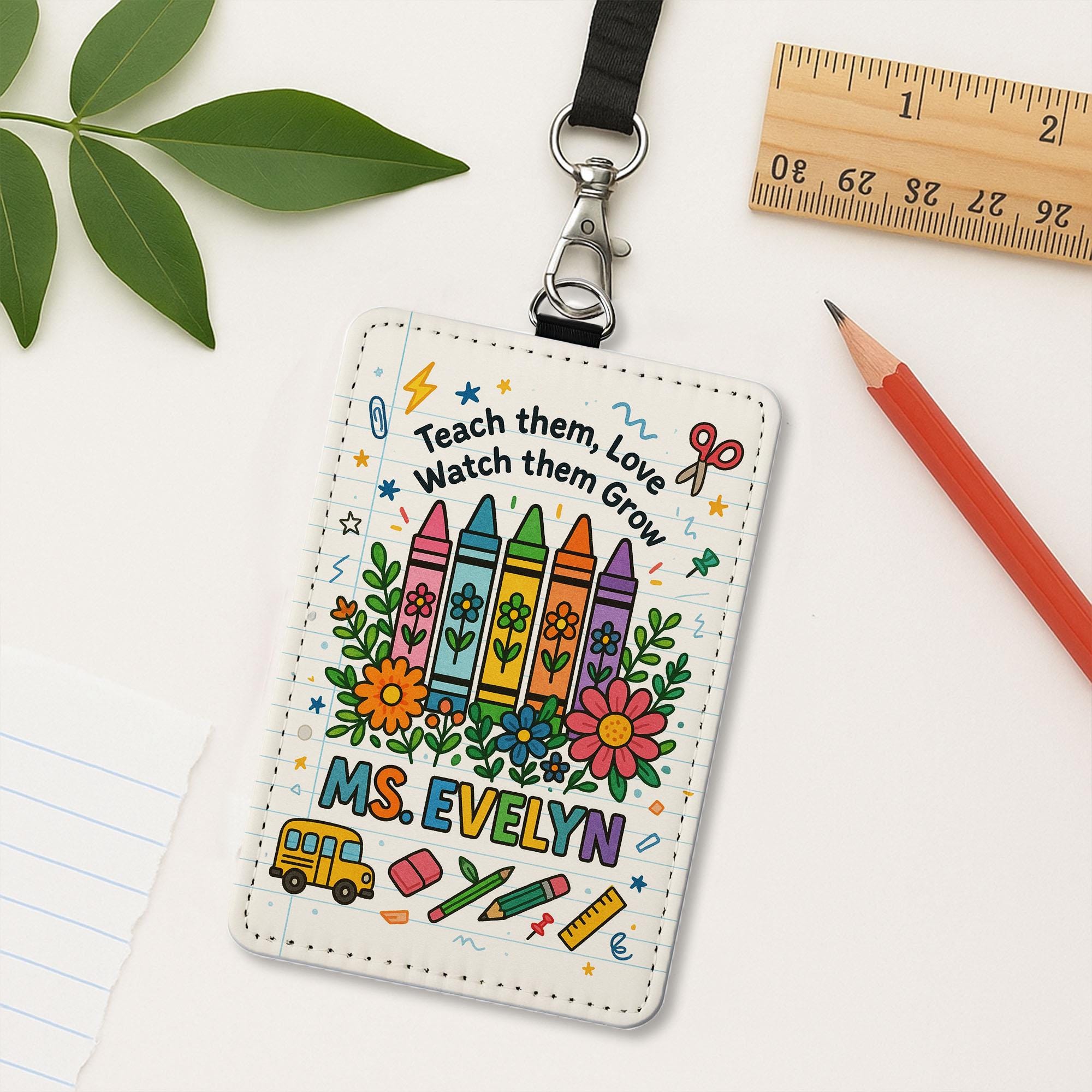 Personalized Teacher Badge Holder, Back to School ID Card Holder, Crayon Floral Lanyard Tag, Cute Teacher Gift, Classroom Accessory