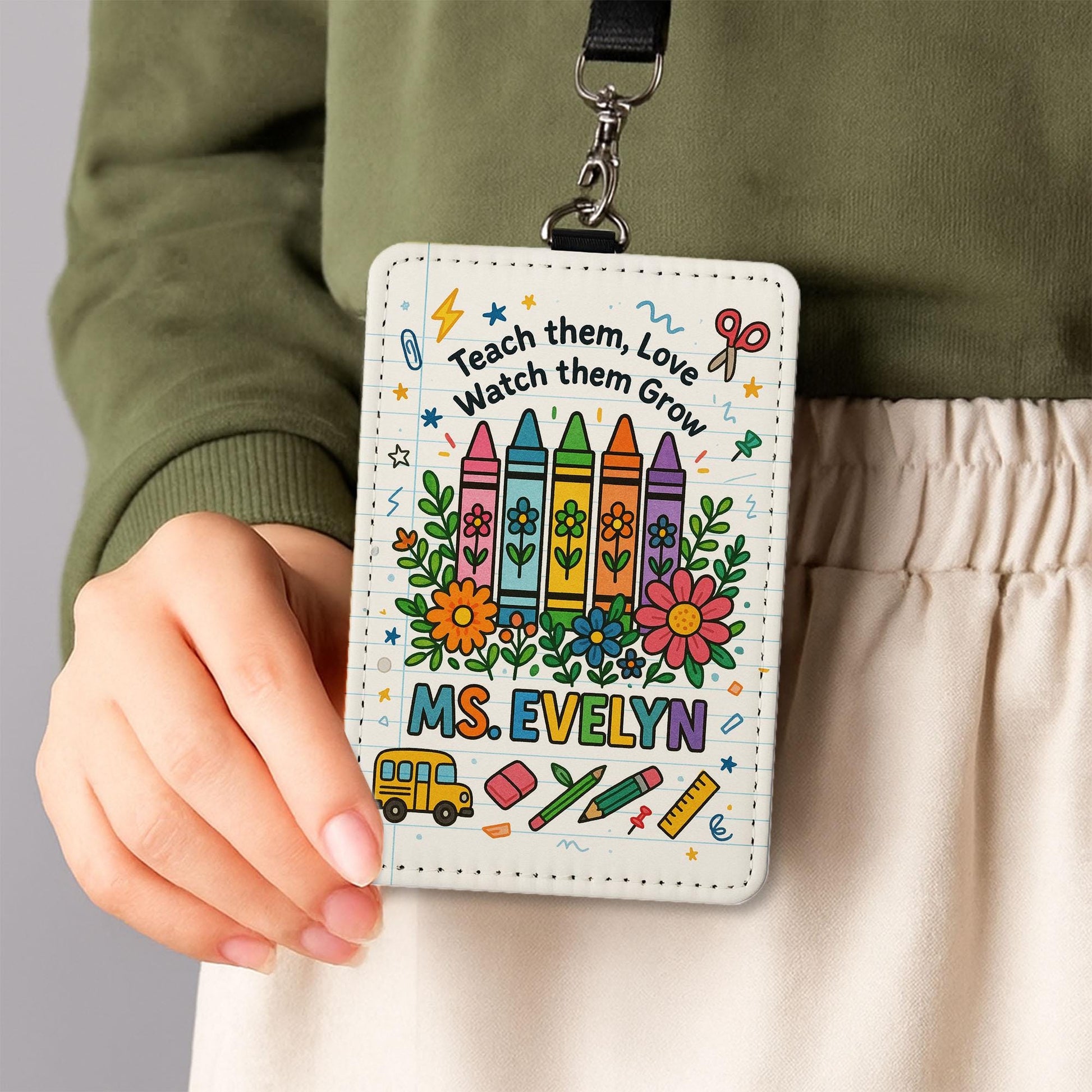 Personalized Teacher Badge Holder, Back to School ID Card Holder, Crayon Floral Lanyard Tag, Cute Teacher Gift, Classroom Accessory