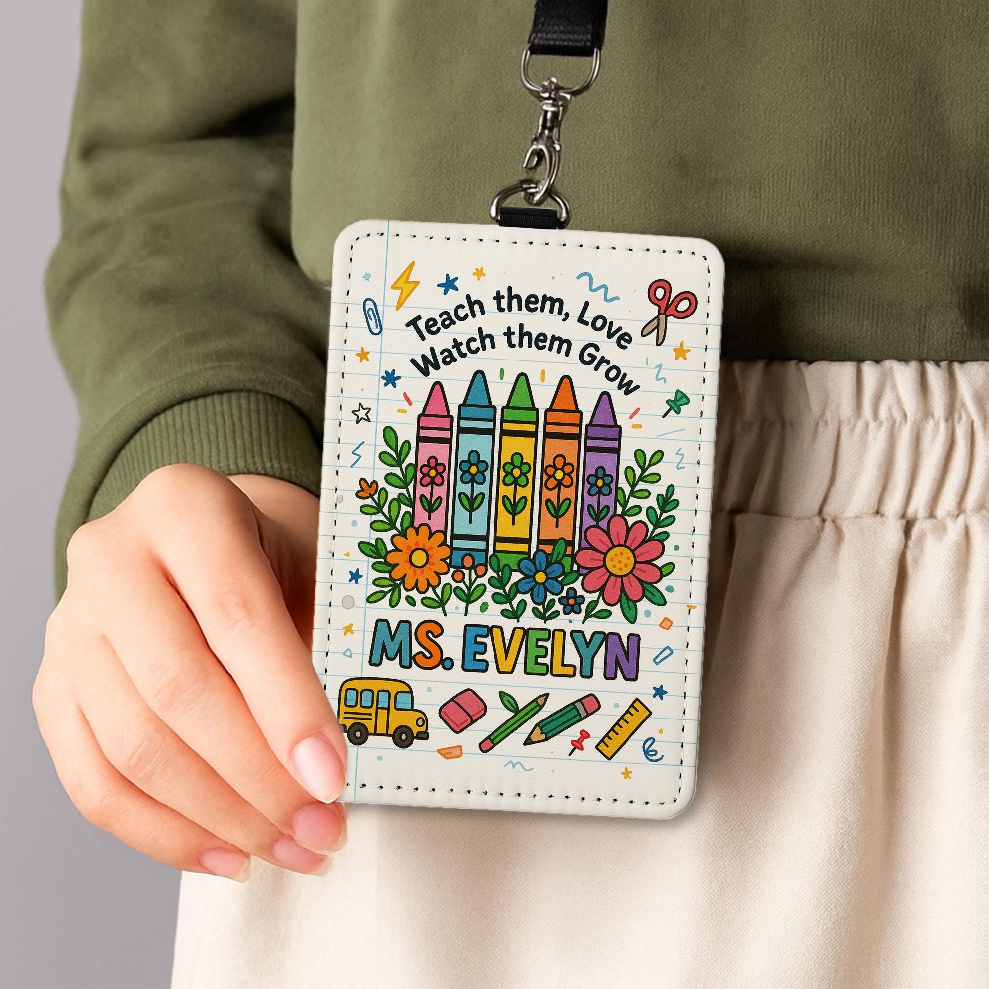 Personalized Teacher Badge Holder, Back to School ID Card Holder, Crayon Floral Lanyard Tag, Cute Teacher Gift, Classroom Accessory